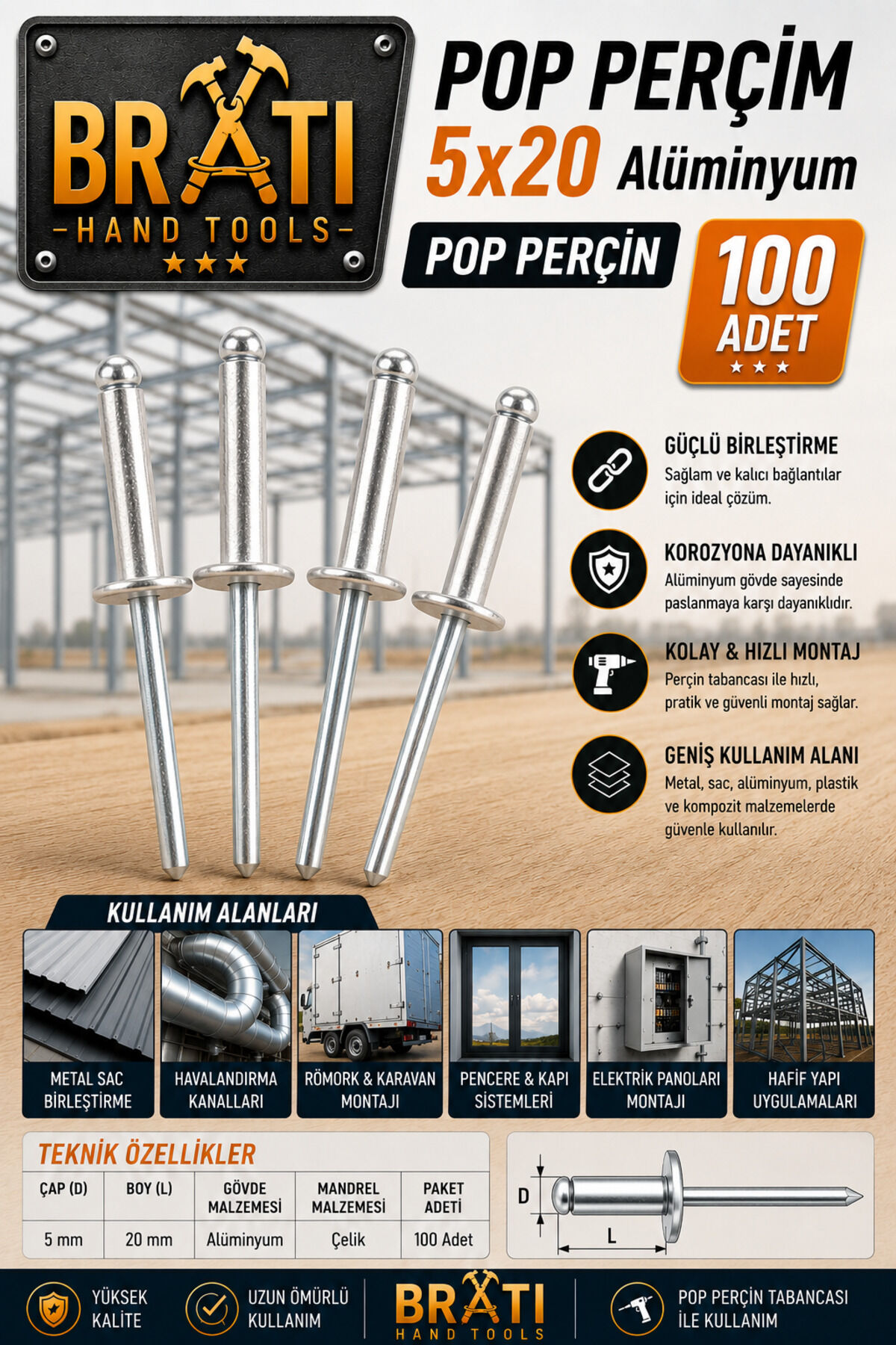 Brati Perçim 5x20 Alüminyum Pop Perçin 100'lü Paket