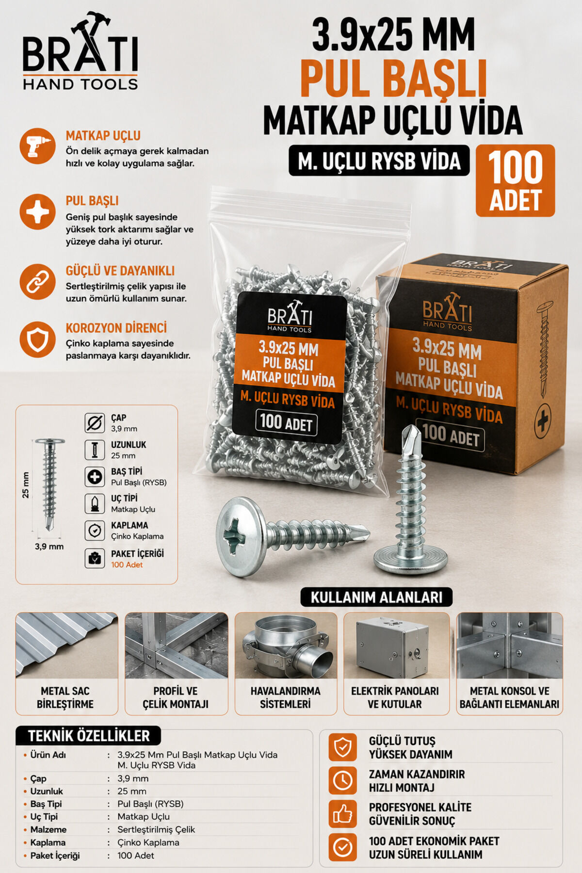 3.9x25 Mm Pul Başlı Matkap Uçlu Vida (100 Adet) M. Uçlu RYSB Vida