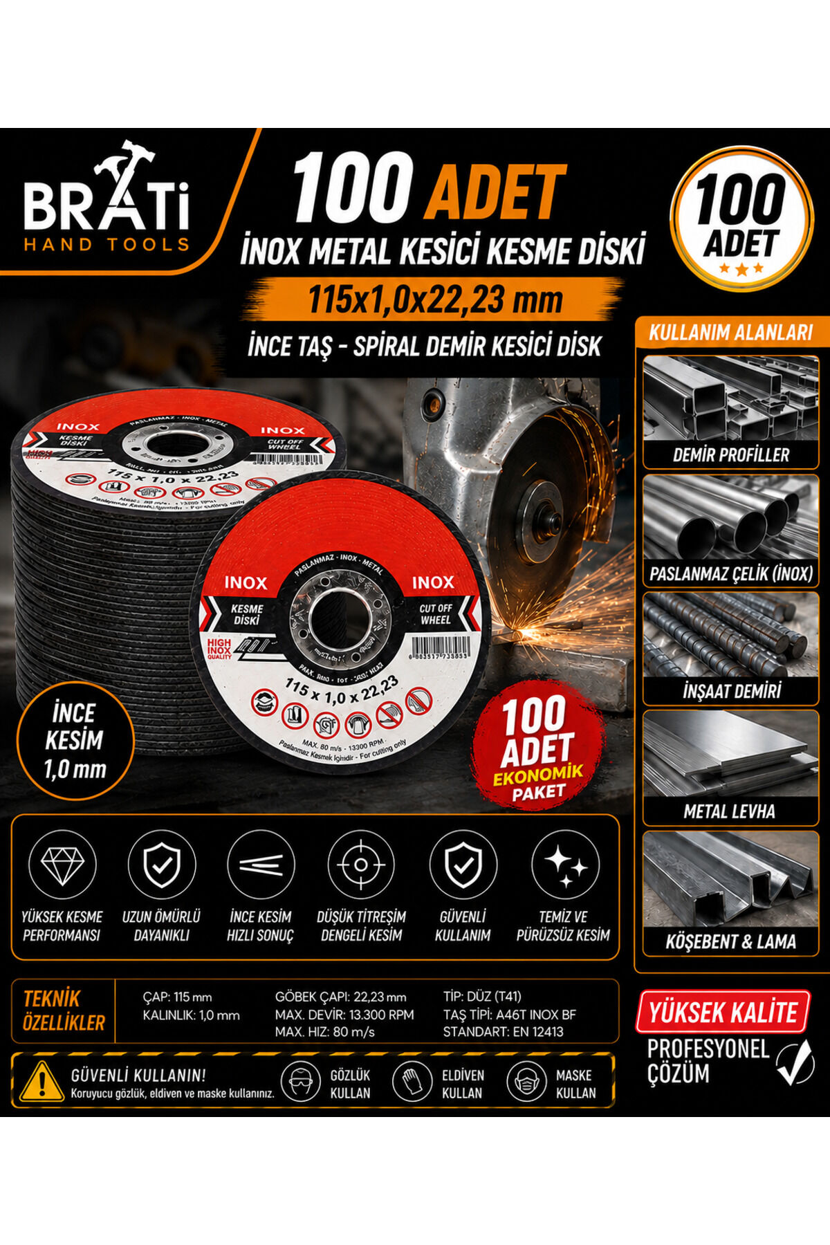 İnox Metal Kesici Kesme Diski 115x1,0x22,23 mm İnce Taş (100 Adet) Spiral Demir Kesici Disk