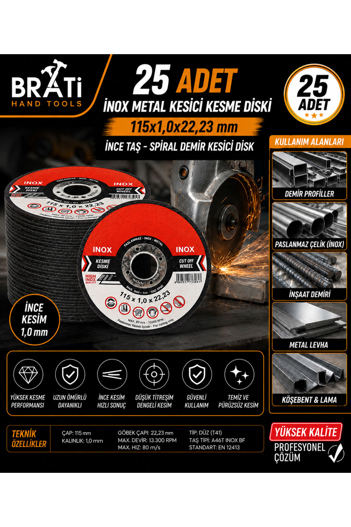 İnox Metal Kesici Kesme Diski 115x1,0x22,23 mm İnce Taş Spiral Demir Kesici Disk (25 Adet)