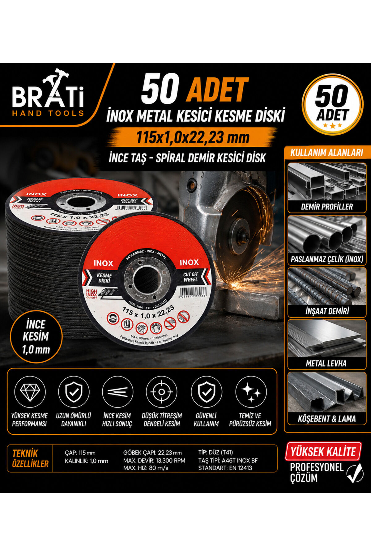 50 Adet İnox Metal Kesici Kesme Diski 115x1,0x22,23 mm İnce Taş Spiral Demir Kesici Disk