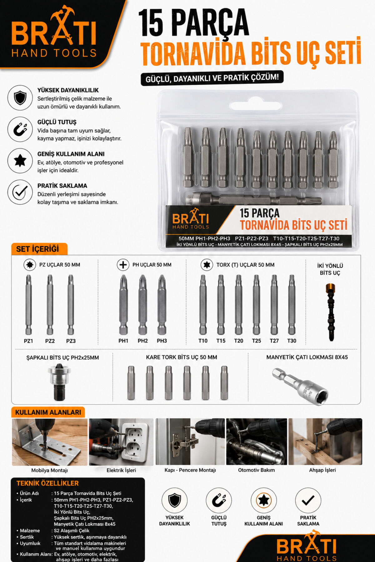 15 Parça Tornavida Bits Uç Seti (50MM PH1-PH2-PH3 50MM PZ1-PZ2-PZ3 50MM T10-T15-T20-T25-T27-T30)