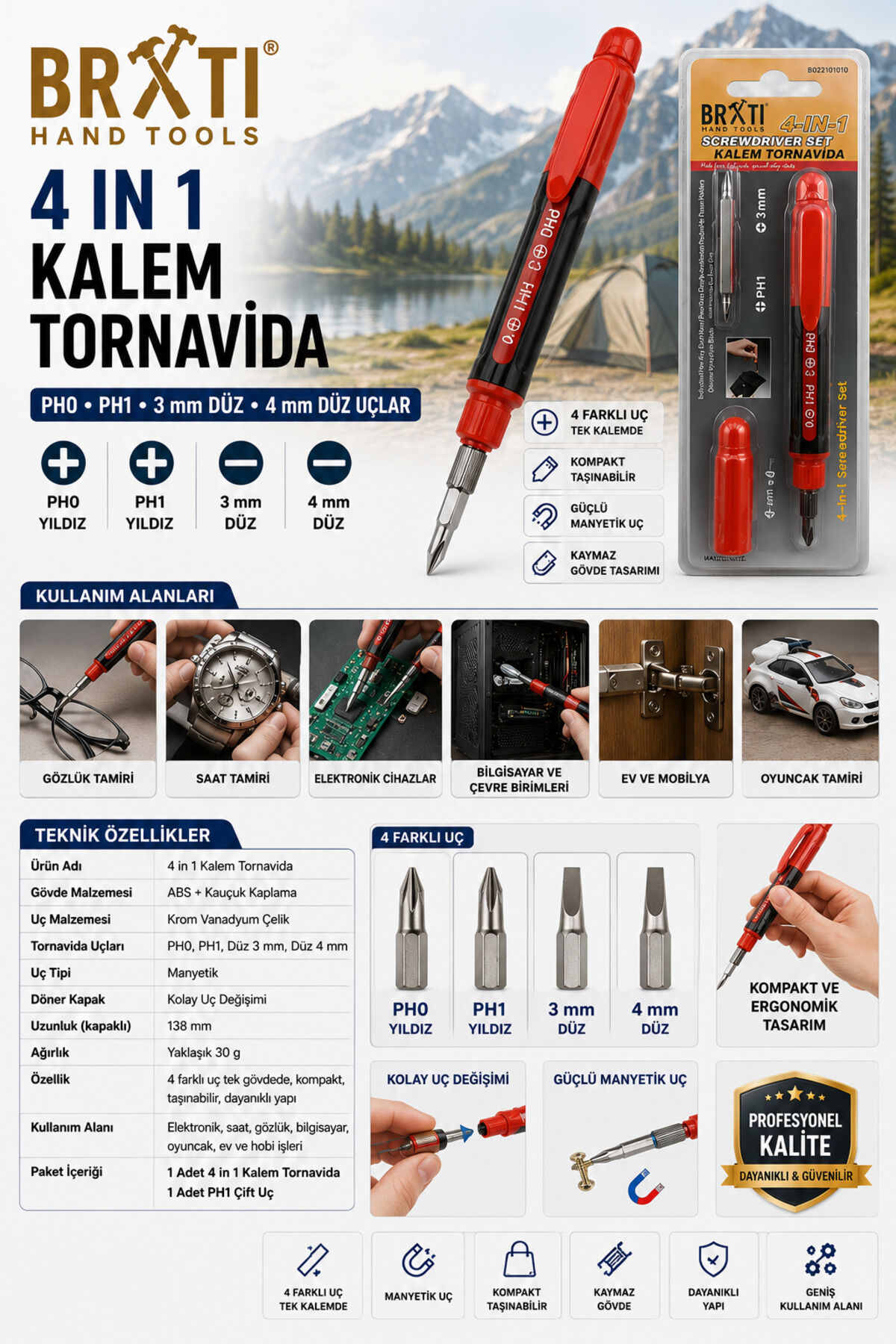 4 IN 1 KALEM TORNAVİDA PH0 PH1 Yıldız 3mm 4mm Düz Uçlar