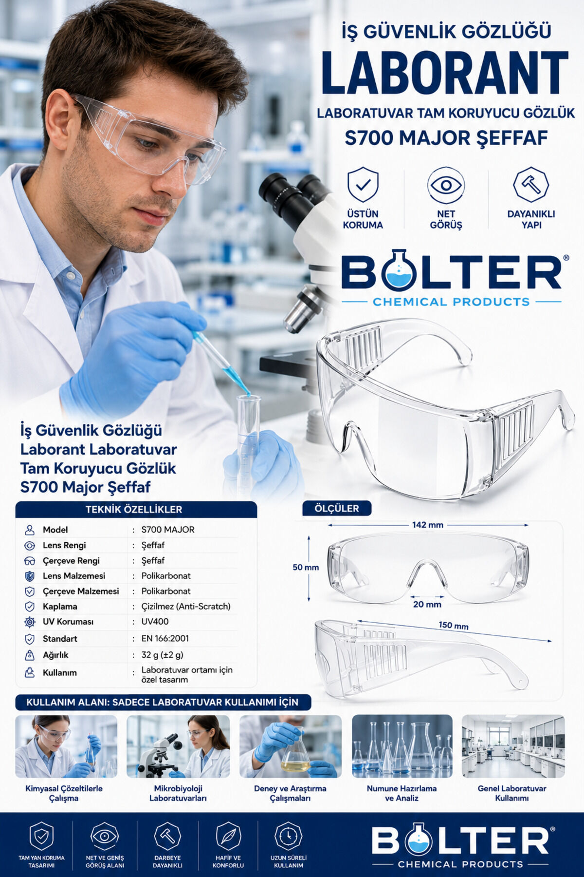 İş Güvenlik Gözlüğü Laborant Laboratuvar Tam Koruyucu Gözlük S700 Major Şeffaf