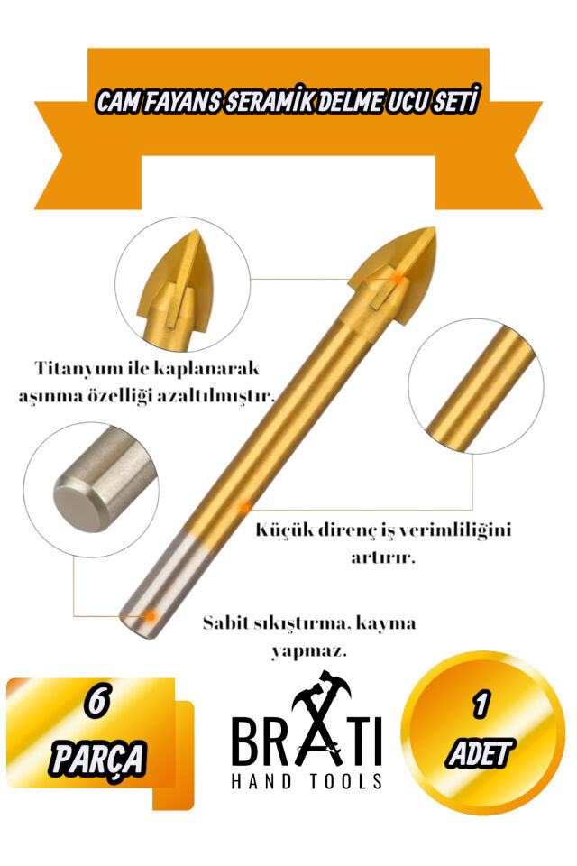Cam Seramik Fayans Tuğla Kompazit Alüminyum Delme Matkap Ucu Seti Elmas Uç 6 Parça 4mm - 10 mm