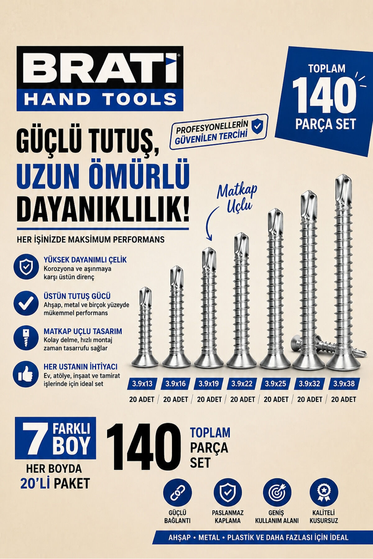 3.9 YHB Akıllı Vida Matkap Uçlu Vida Seti | 3.9x13 3.9x16 3.9x19 3.9x22 3.9x25 3.9x32 3.9x38 | Kendinden Delici Sac ve Metal Montaj Vidası