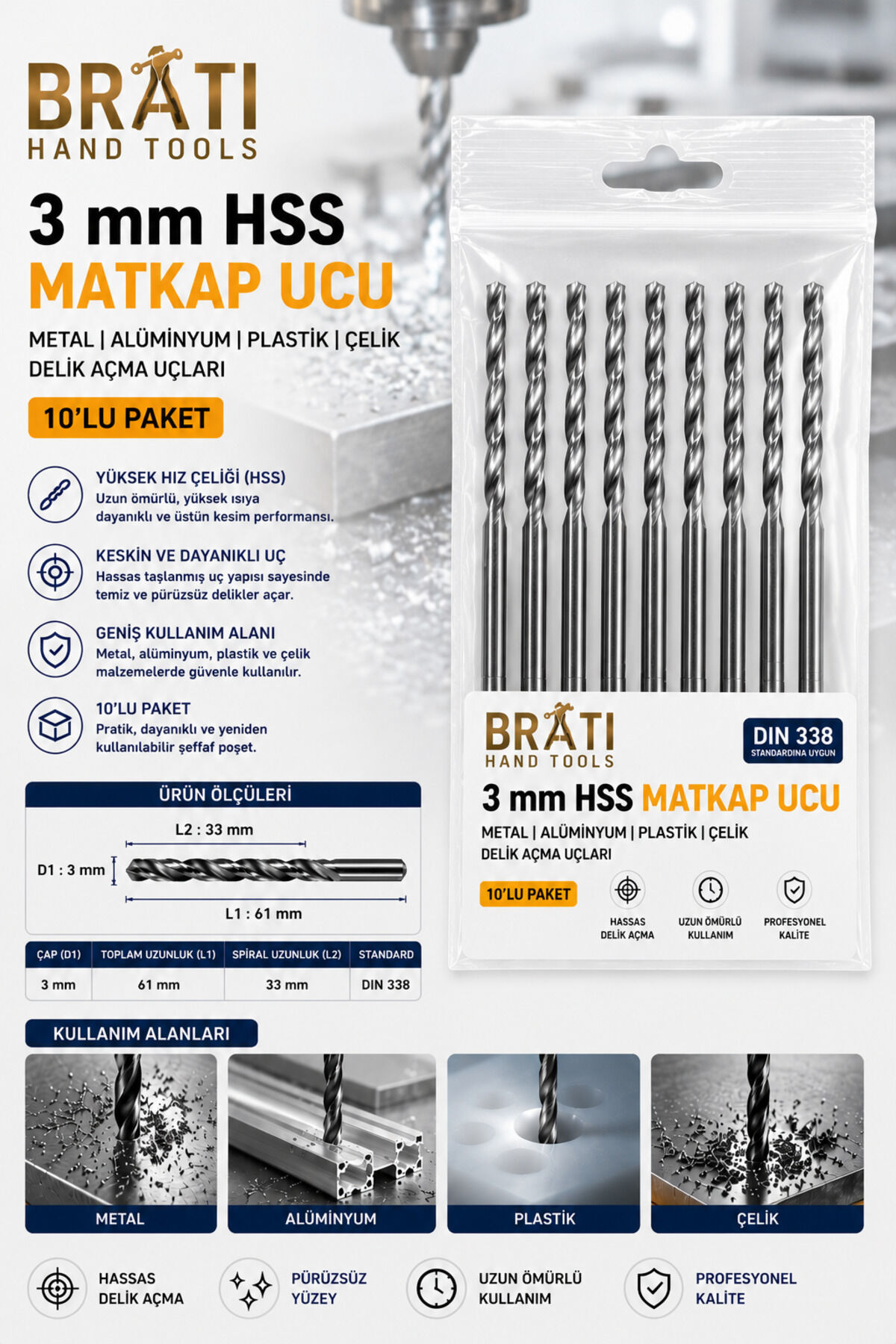 3 Mm Hss Matkap Ucu 10'lu Paket Metal Alüminyum Ahşap Plastik Çelik Delme Uç Delik Açma Uçları