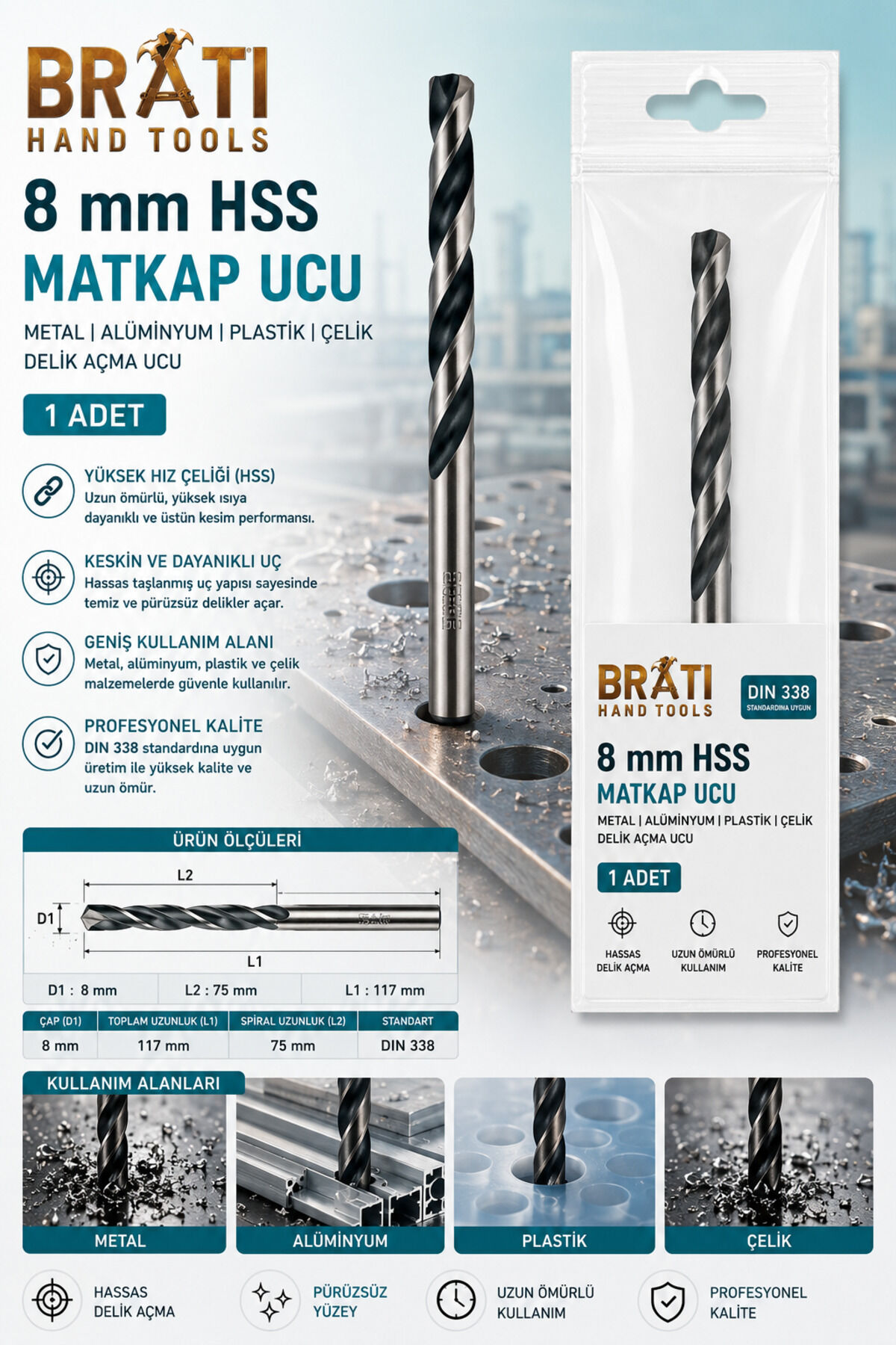 8 Mm Hss Matkap Ucu Metal Alüminyum Ahşap Plastik Çelik Delme Uç Delik Açma Uçları 1 Adet