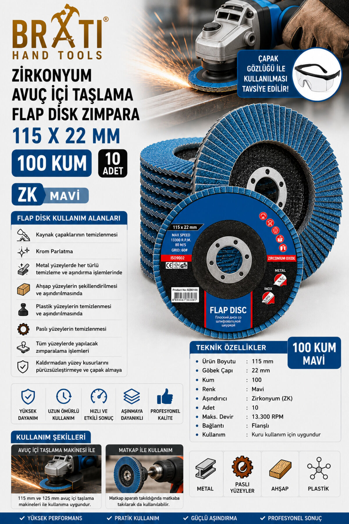 Zirkonyum Flap Dizk Avuç İçi Taşlama ZK Flap Disk Zımpara 115 X 22 Mm 100 Kum (10 ADET)