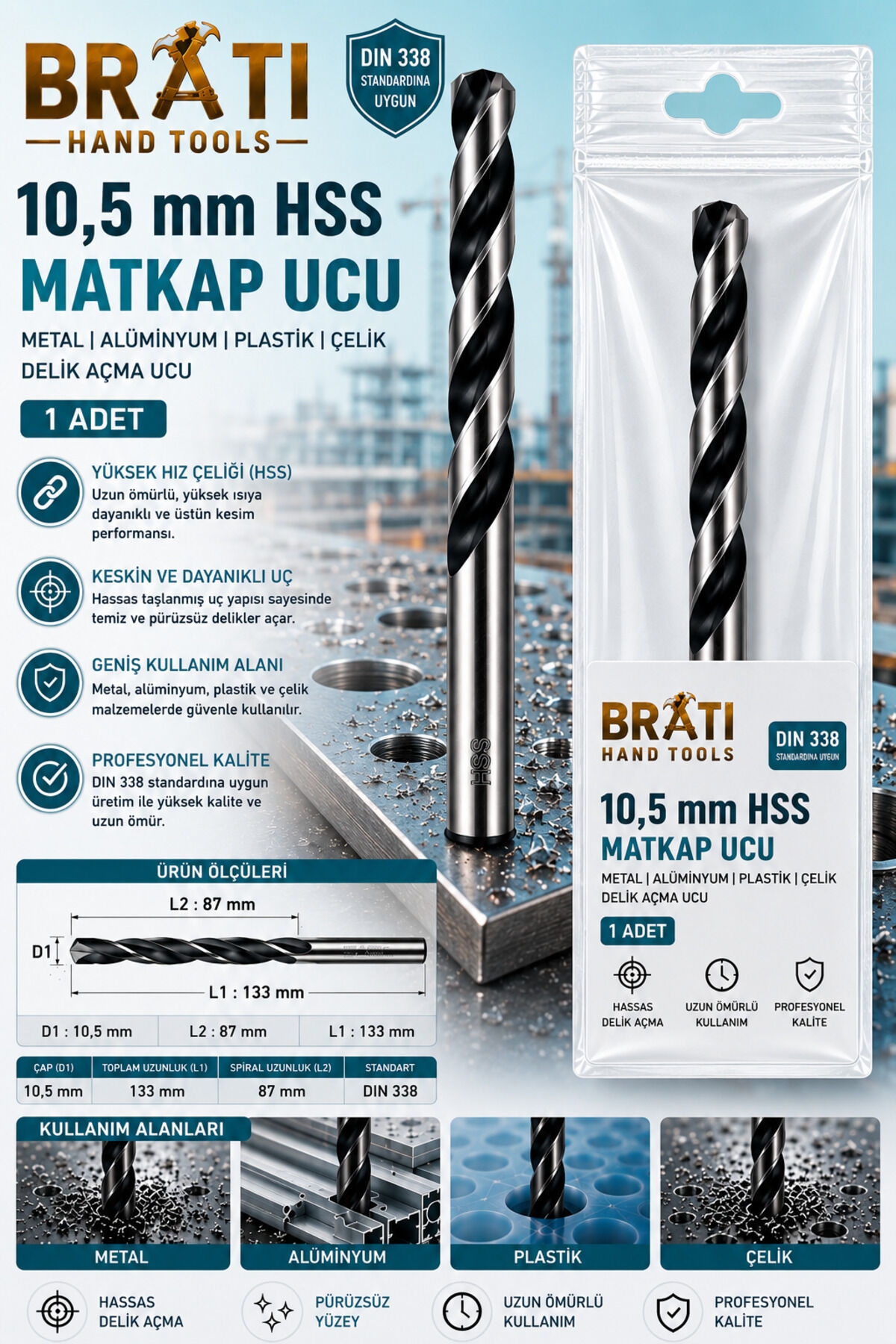 10,5 Mm Matkap Ucu Metal Alüminyum Ahşap Plastik Çelik Delme Uç 10.5 mm Hss Delik Açma Ucu 1 Adet