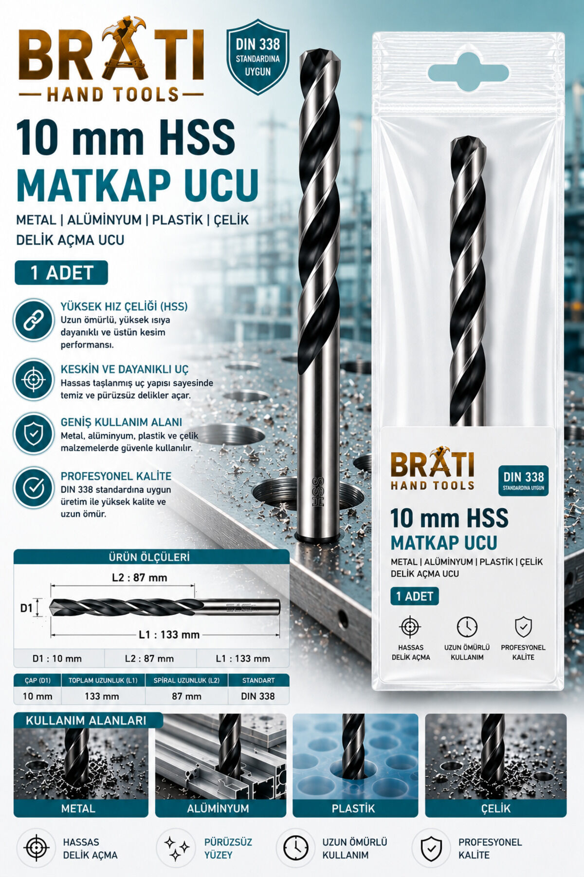 10 Mm Hss Matkap Ucu Metal Alüminyum Ahşap Çelik Delme Uç Delik Açma Ucu 1 ADET