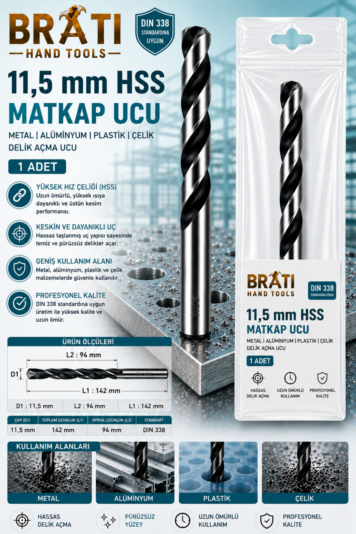 11,5 Mm Hss Matkap Ucu 1 Adet Paketli Metal Alüminyum Plastik Çelik Delme Uç Delik Açma Uçları