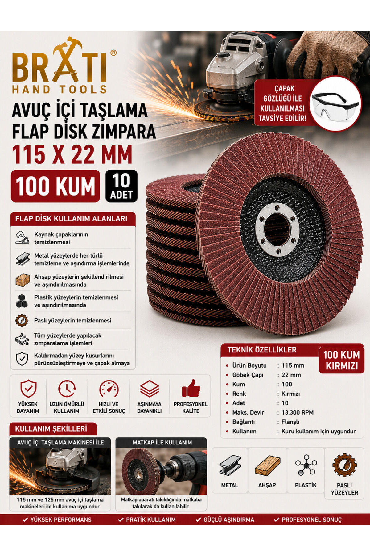 100 Kum Avuç İçi Taşlama Flap Disk Zımpara 115 X 22,23 Mm (10 ADET)