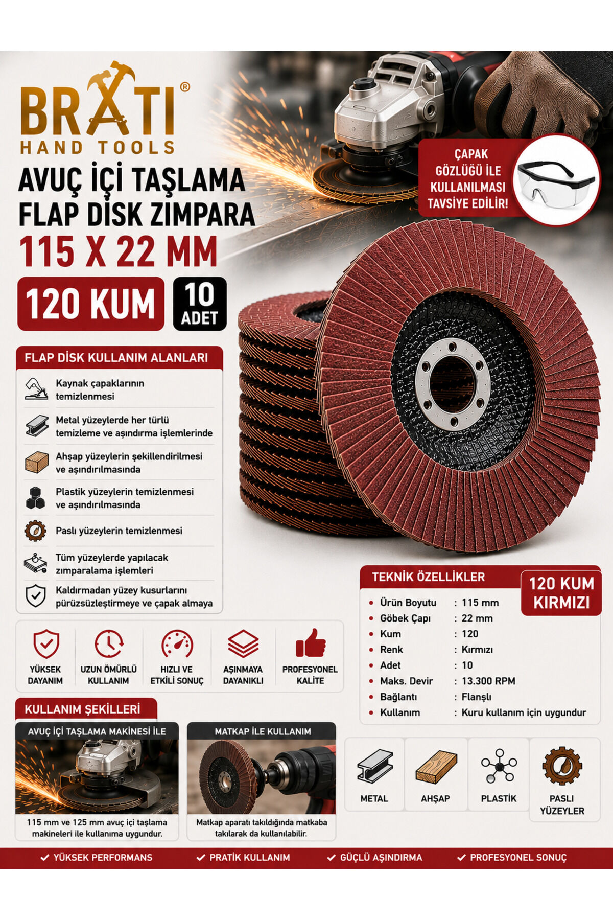 120 Kum Avuç İçi Taşlama Flap Disk Zımpara 115 X 22 Mm 10 ADET