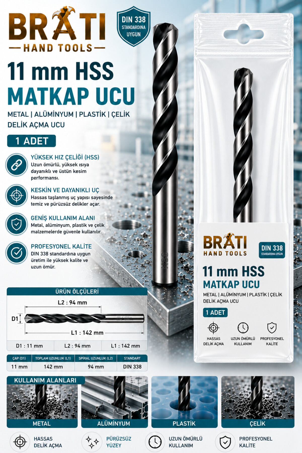 11 Mm Hss Matkap Ucu Metal Alüminyum Ahşap Plastik Çelik Delme Uç 11mm Delik Açma Ucu 1 Adet