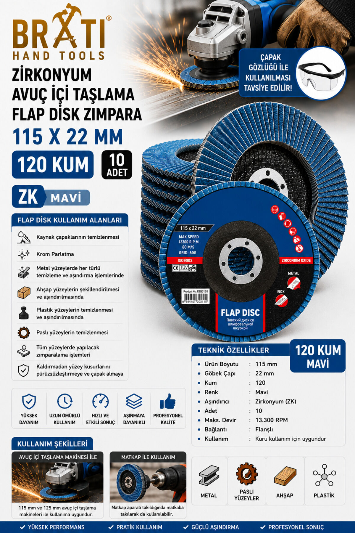 120 Kum Zirkonyum Flap Dizk Avuç İçi Taşlama ZK Flap Disk Zımpara 115 X 22 Mm (10 ADET)