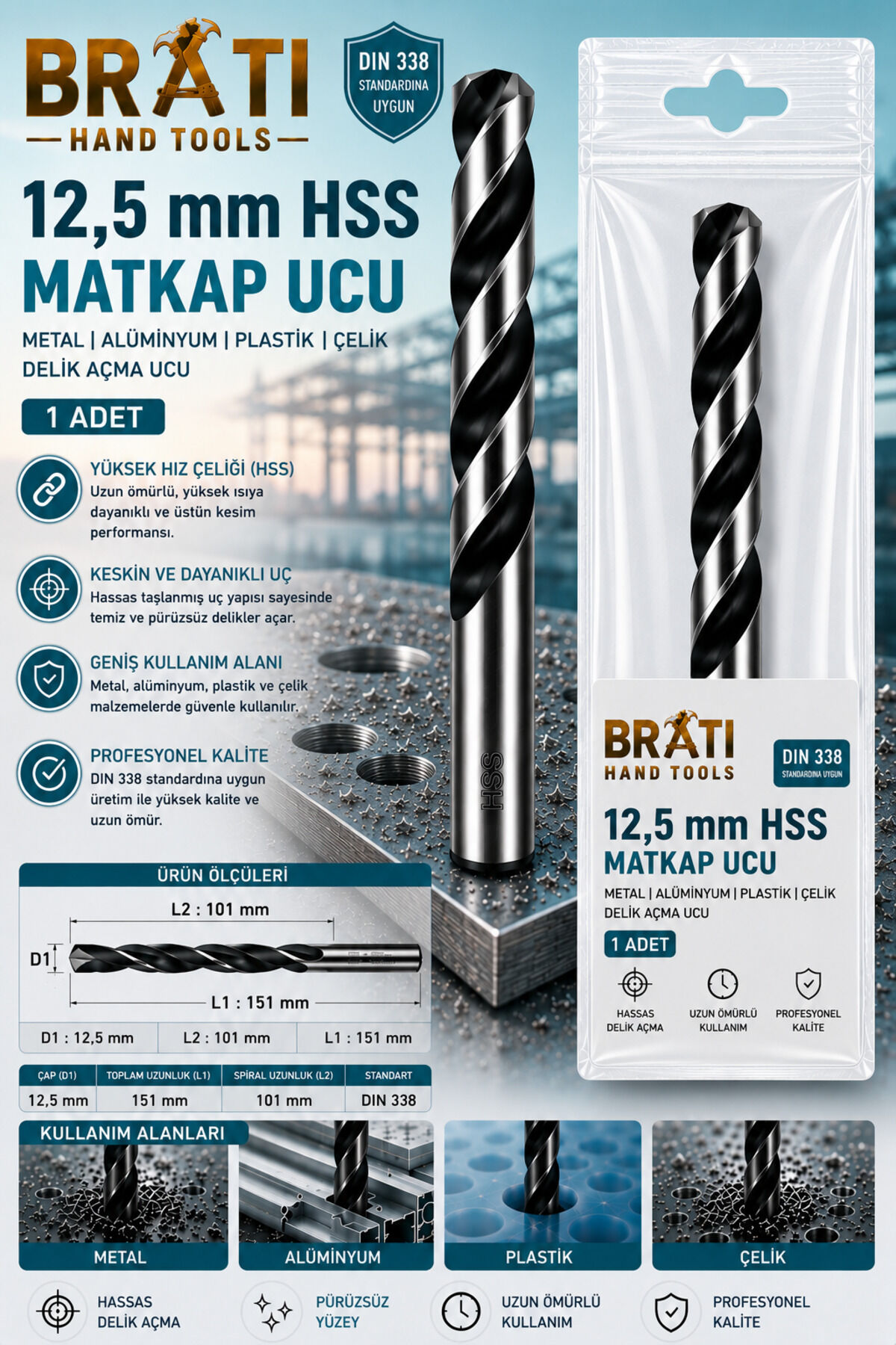 12,5 Mm Matkap Ucu Metal Alüminyum Plastik Çelik Delme Uç 12.5 mm Delik Açma Hss Matkap Ucu 1 Adet
