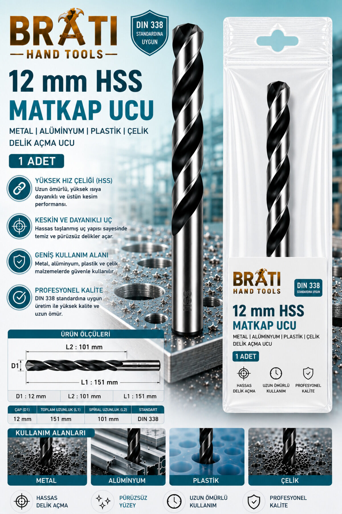 12 Mm Matkap Ucu Metal Alüminyum Ahşap Plastik Çelik Delme Uç 12 mm Hss Delik Açma Ucu 1 Adet