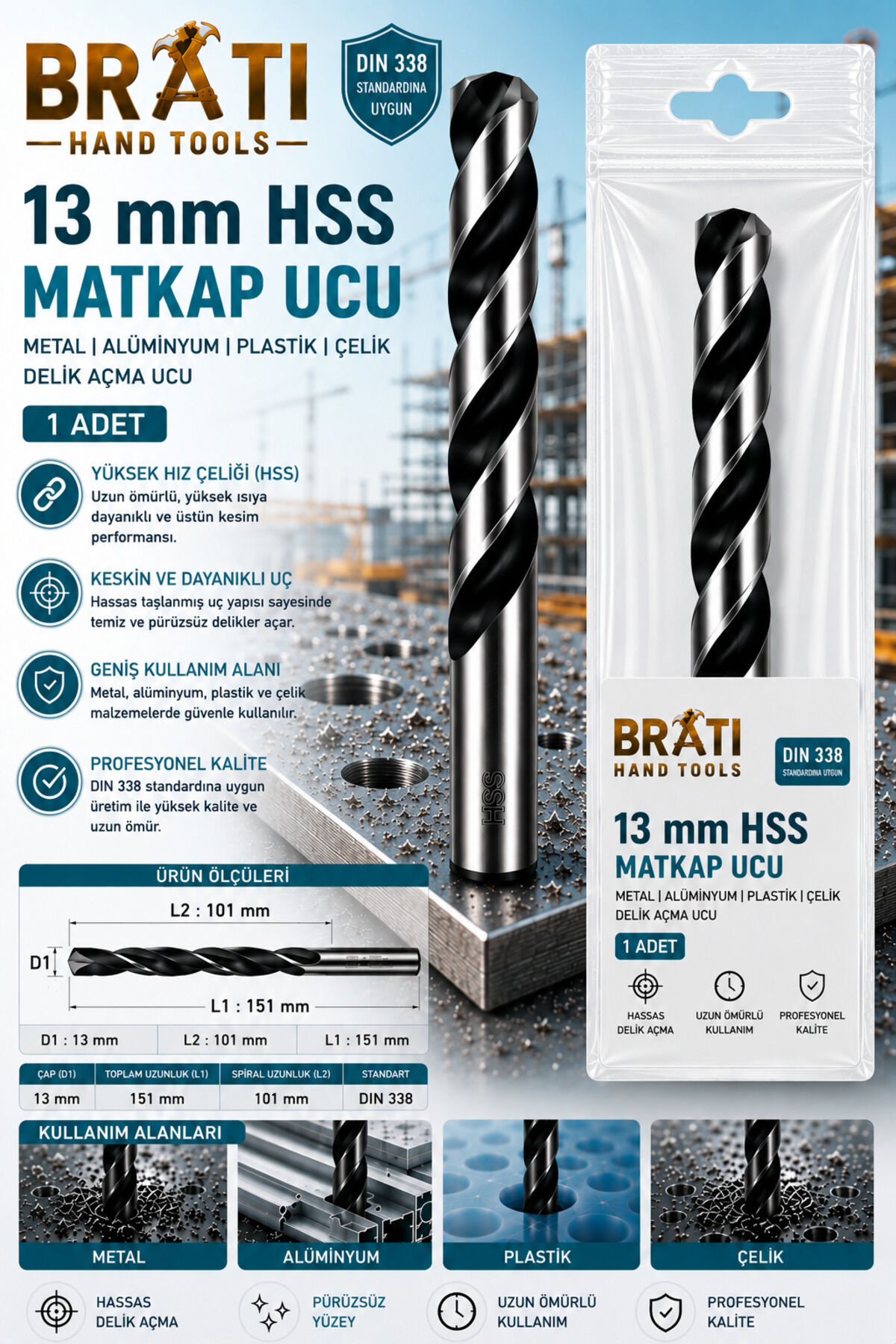 13 Mm Hss Matkap Ucu Metal Alüminyum, Pvc, Plastik Çelik Delme Uç 13 mm Delik Açma Ucu 1 Adet