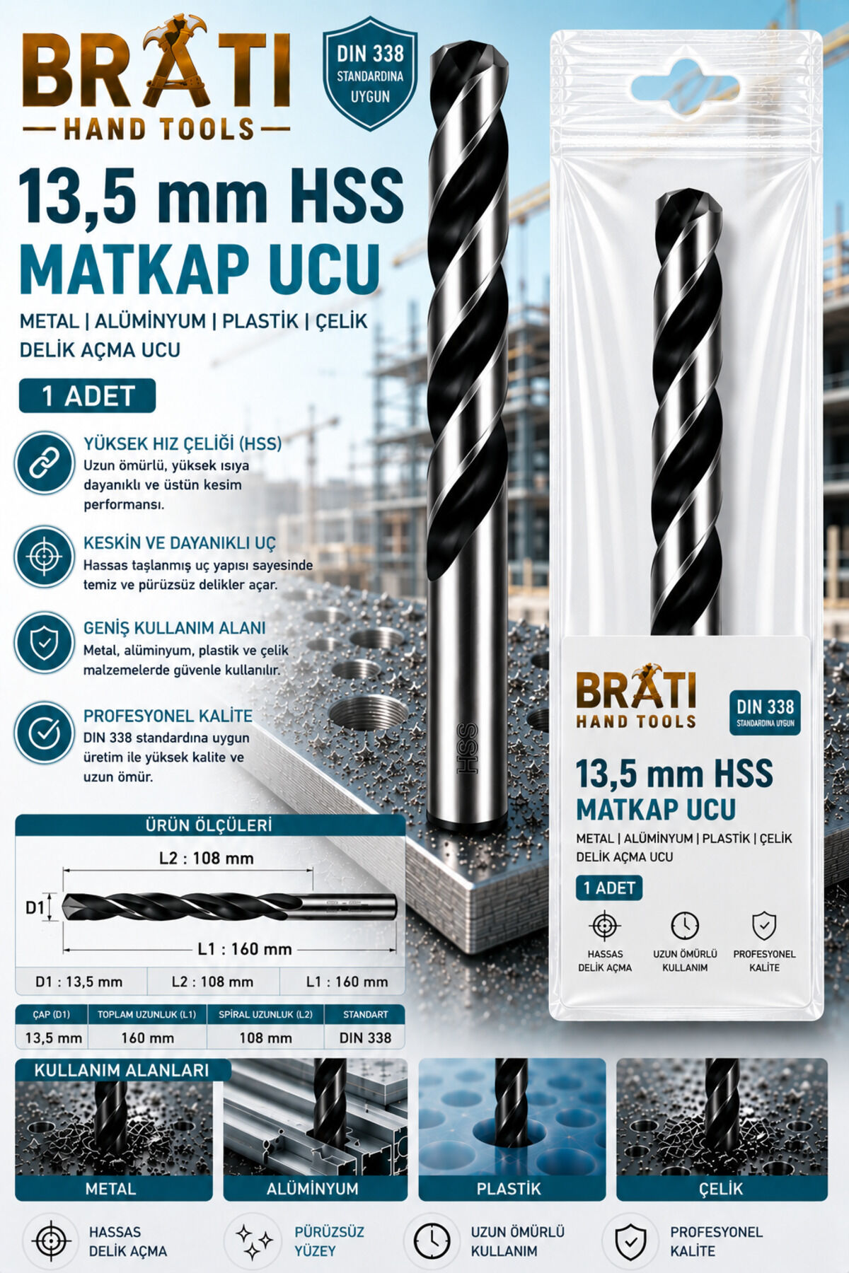 13,5 Mm Matkap Ucu Metal Alüminyum Ahşap Plastik Çelik Delme Uç 13,5mm Hss Delik Açma Ucu 1 Adet