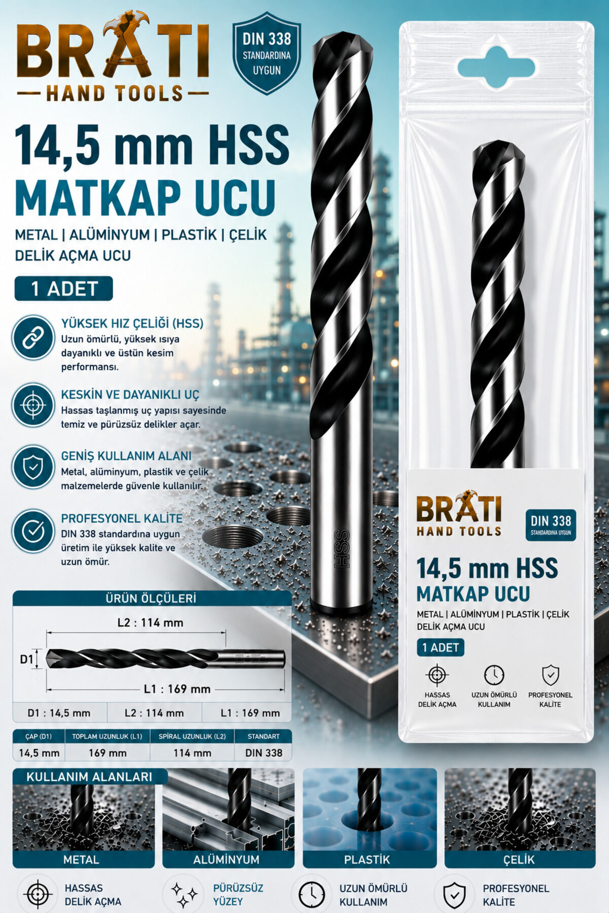 14,5 Mm Hss Matkap Uçları 1 Ad Metal Alüminyum Ahşap Plastik Çelik Delme Uç Delik Açma Uçları