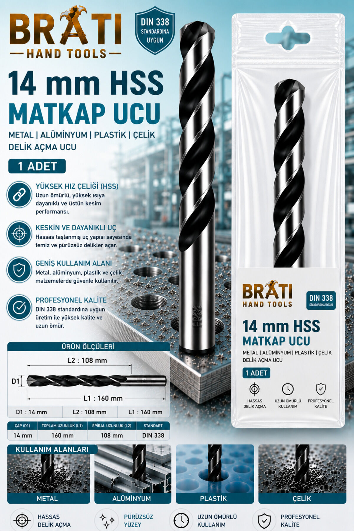 14 Mm Hss Matkap Ucu Metal Alüminyum, Pvc Plastik Çelik Delme Uç 14 mm Delik Açma Hss Matkap Ucu 1 Adet