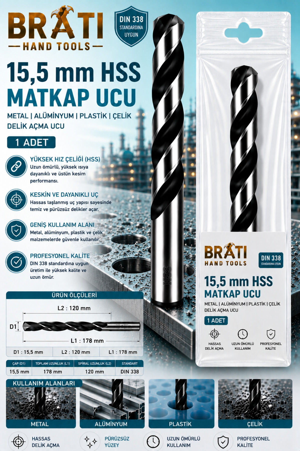 15,5 Mm Matkap Ucu Metal Alüminyum Plastik Döküm Çelik Delme Uç 15.5 mm Hss Delik Açma Ucu 1 Adet