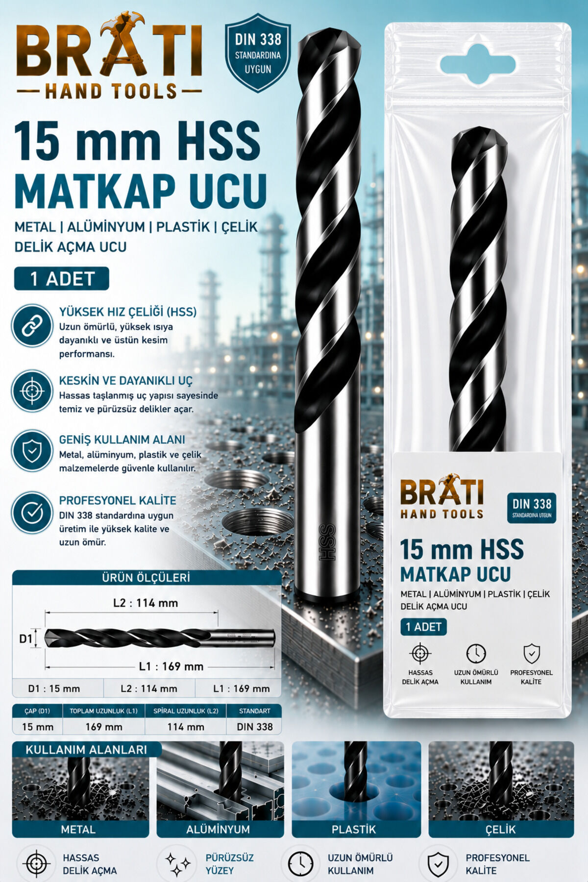 15 Mm Hss Matkap Ucu Metal Alüminyum, Pvc Plasttik Çelik Delme Uç 15 mm Delik Açma Hss Uçu 1 Adet