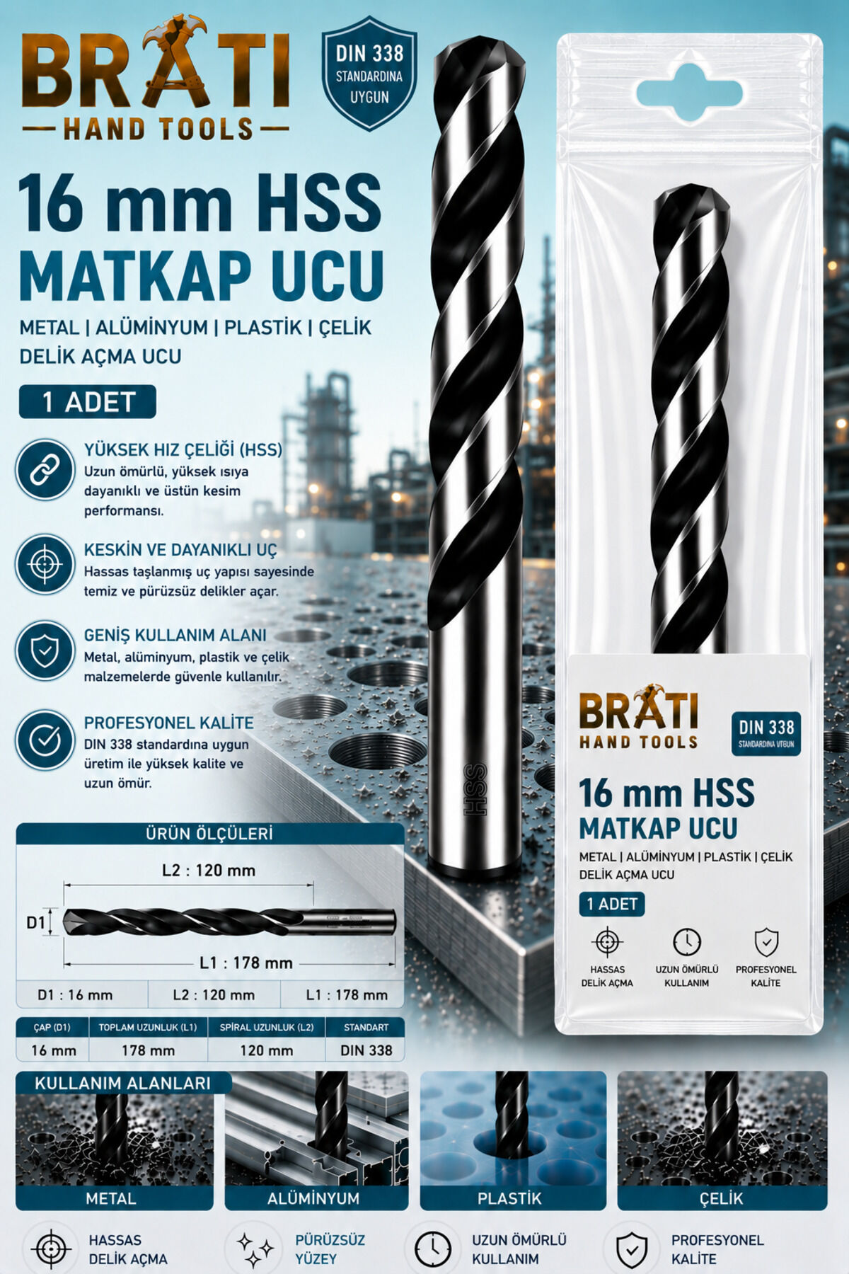16 Mm Hss Matkap Ucu Metal Alminyum, Plasttik Döküm Çelik Sac Delme Uç 15 mm Delik Açma Hss Uçu 1 Adet