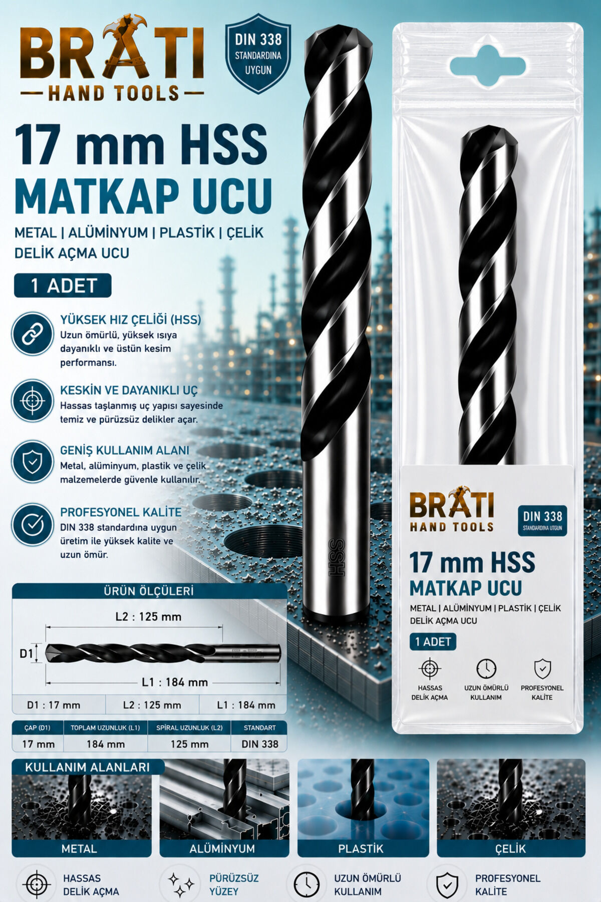 17 Mm Hss Matkap Ucu Metal Alüminyum, Plastik Döküm Çelik Sac Delme Uç 15 mm Delik Açma H s s Ucu 1 Adet