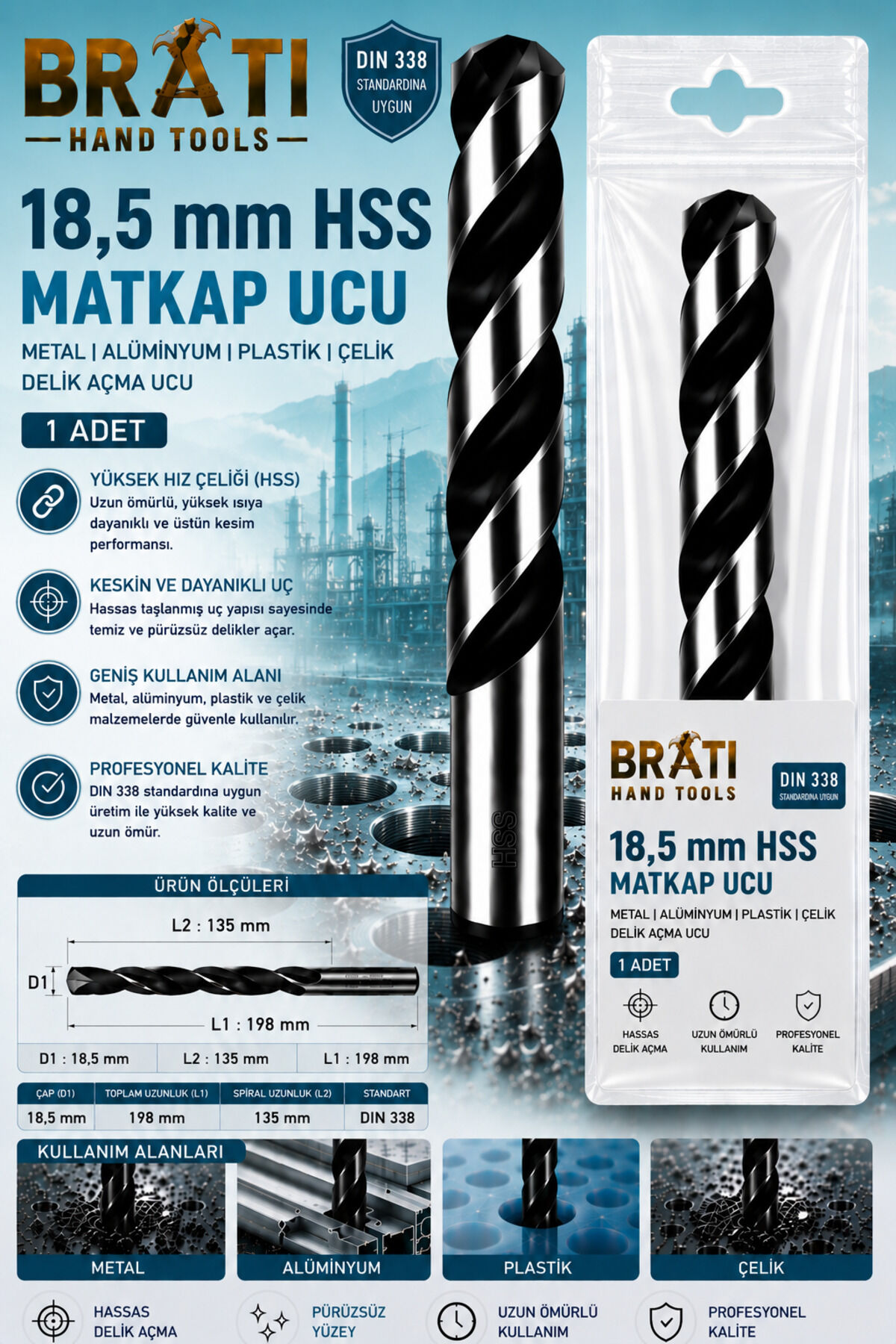 18,5 Mm Hss Matkap Ucu Metal Alüminyum Ahşap Plastik Çelik Delme Uç Delik Açma Uçları 1 Adet
