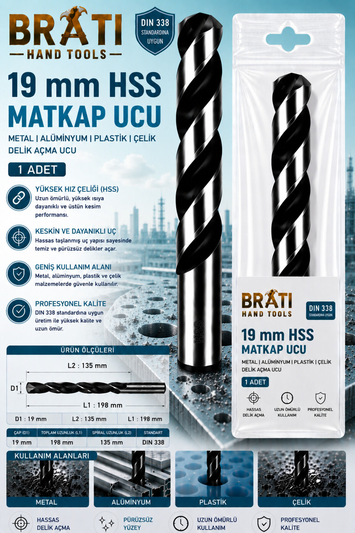 19 Mm Hss Matkap Ucu 1 Ad Paket Metal Alüminyum Ahşap Plastik Delme Uç Delik Açma Uçları