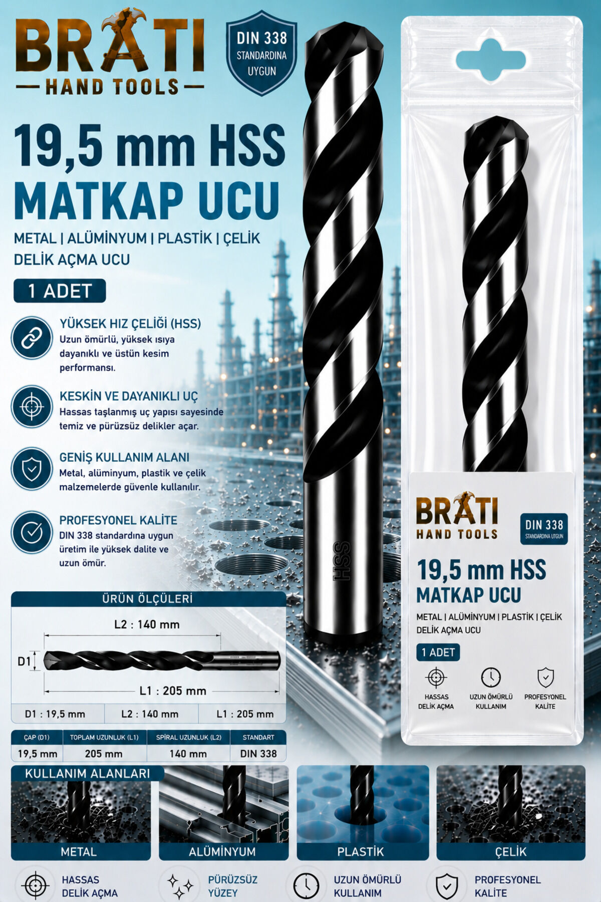19,5 Mm Hss Matkap Ucu Metal Alüminyum Döküm Sac Pvc Çelik Delme Uç 19,5mm Hss Delik Açma Uçu 1 Adet