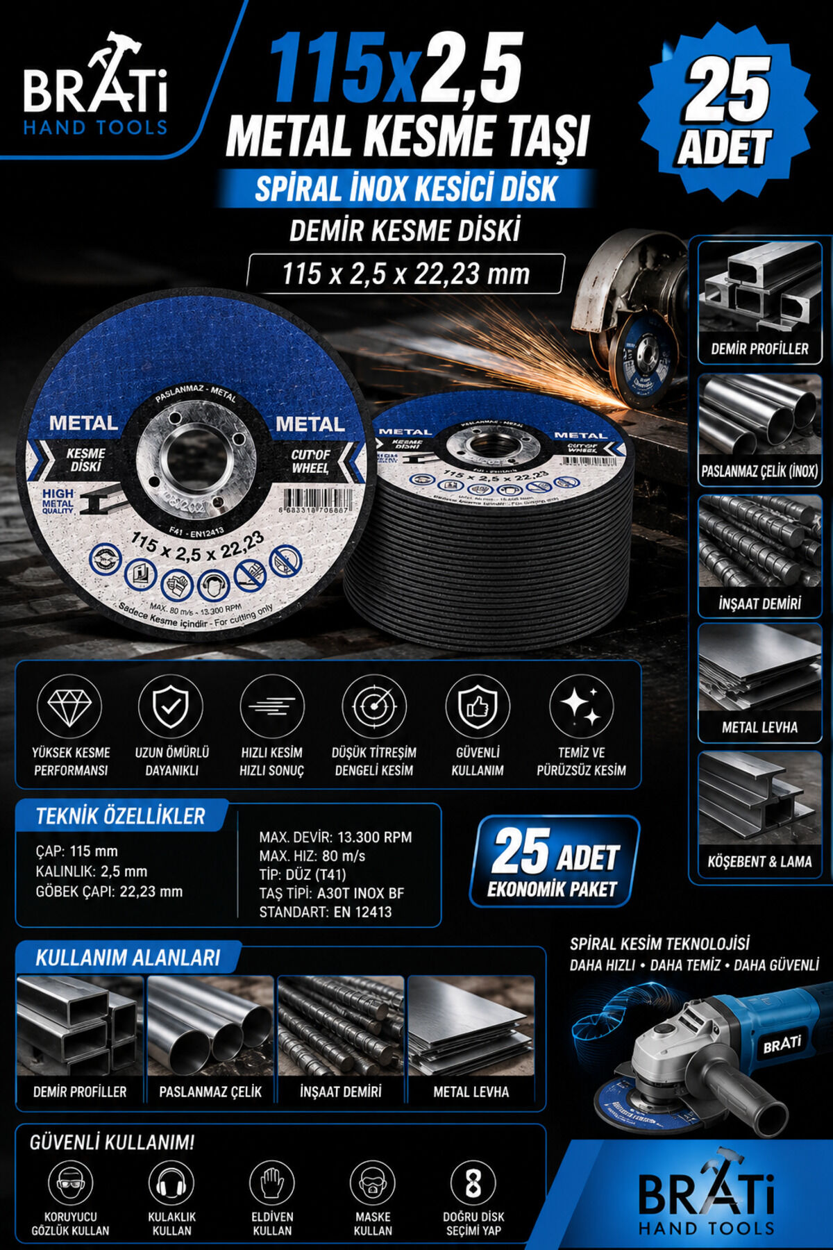 115X2,5 Metal Kesme Taşı 25 Adet Spiral İnox Kesici Disk Demir Kesme Diski 115x2,5x22,23