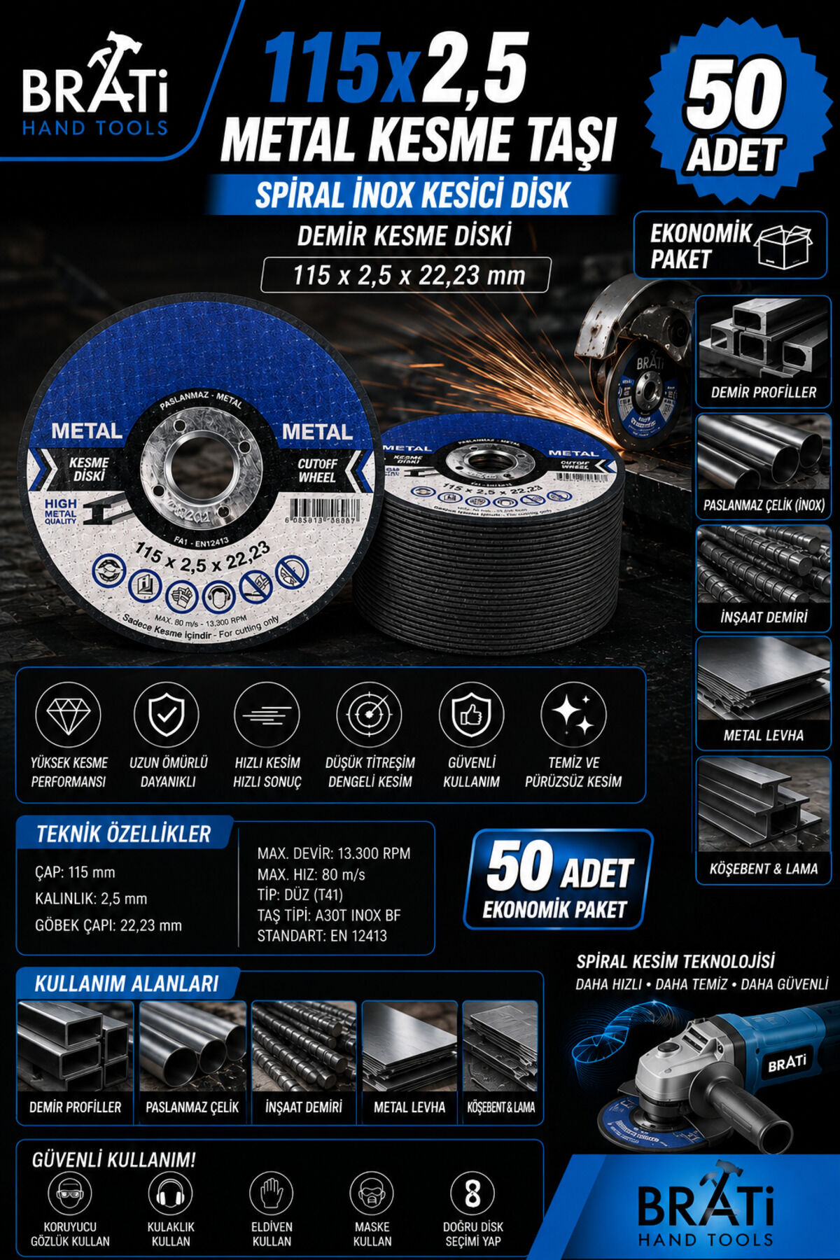 115X2,5 Metal Kesme Taşı 50 Adet Spiral Inox Demir Kesici Diski Demir Kesme Disk 115x2,5x22,23