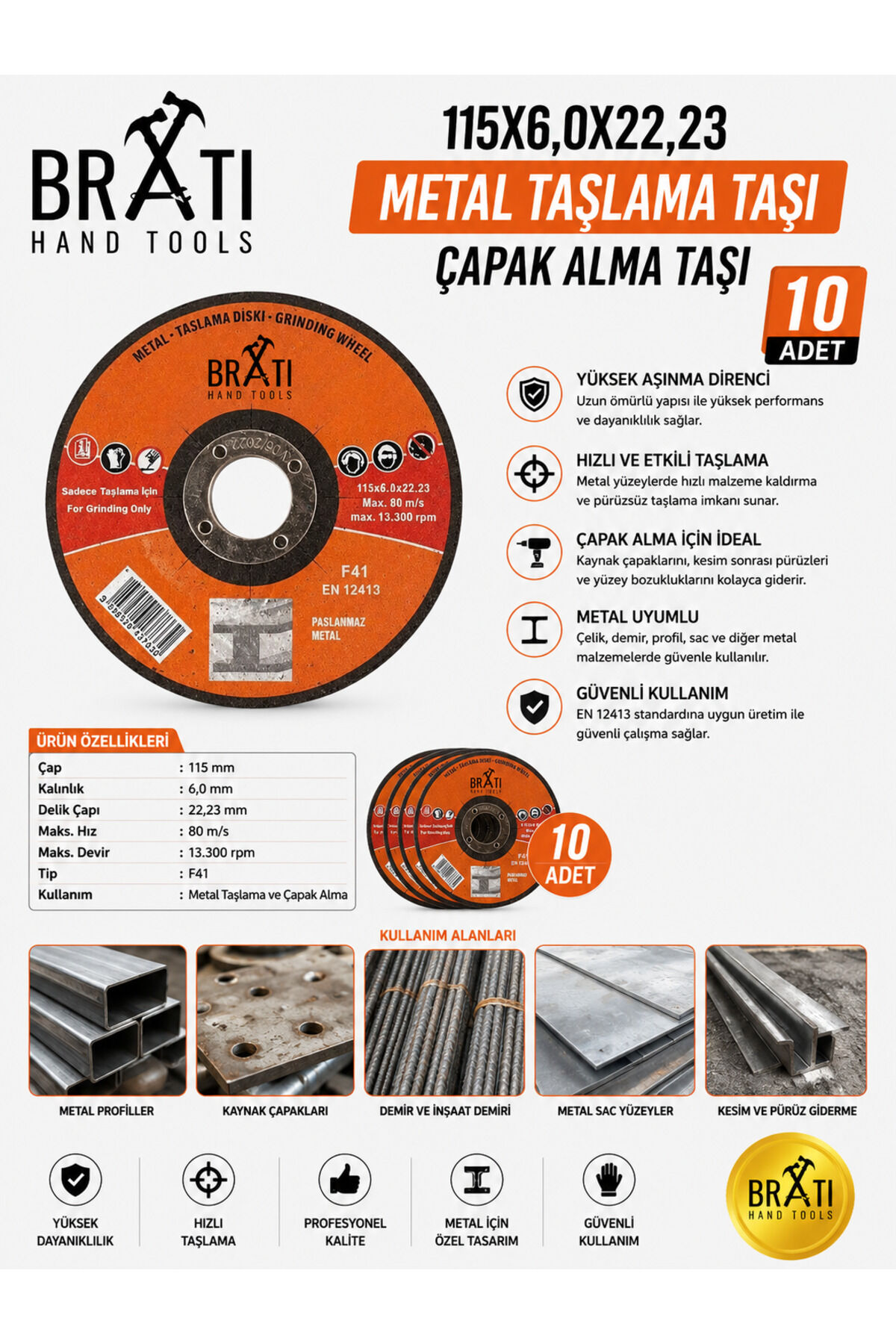 115X6,0X22,23 Metal Taşlama Taşı Çapak Alma Taşı 10 Adet