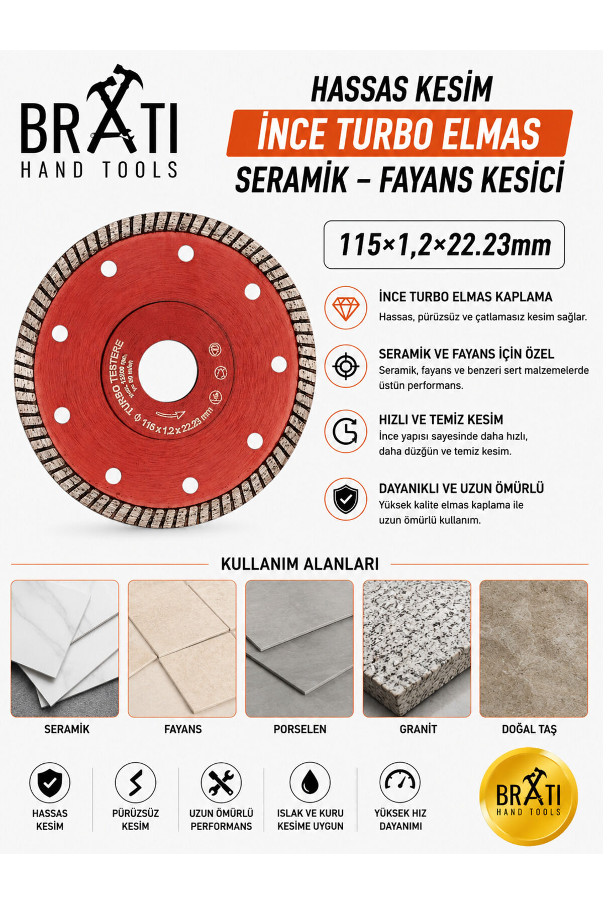 Hassas Kesim Ince Turbo Elmas Seramik - Fayans Kesici 115×1,2x22.23mm