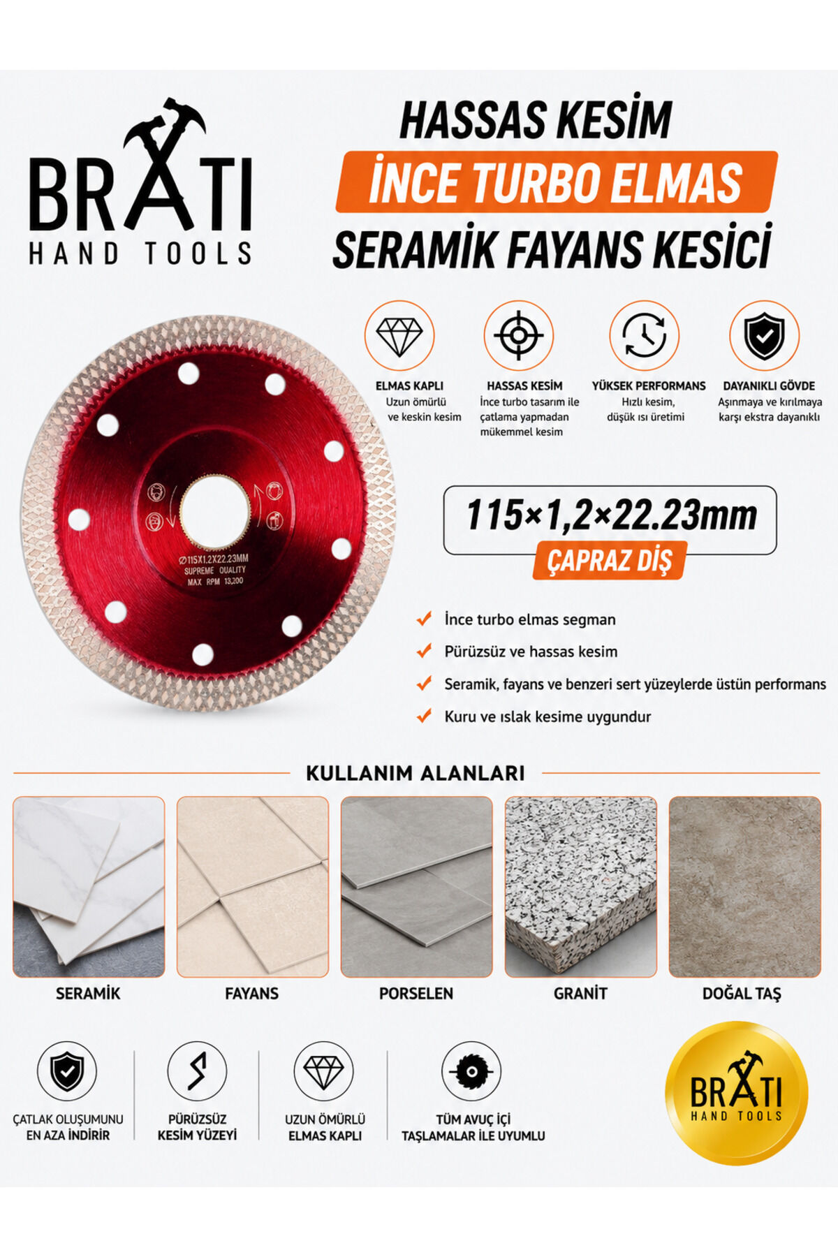 Hassas Kesim İnce Turbo Elmas Seramik Fayans Kesici 115×1,2x22.23mm Çapraz Diş