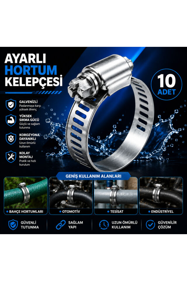 Ayarlı Hortum Kelepçesi Ayarlı 28x48 mm Galvenizli Boru Metal Kelepçe Ayarlanabilir Klips 10 ADET