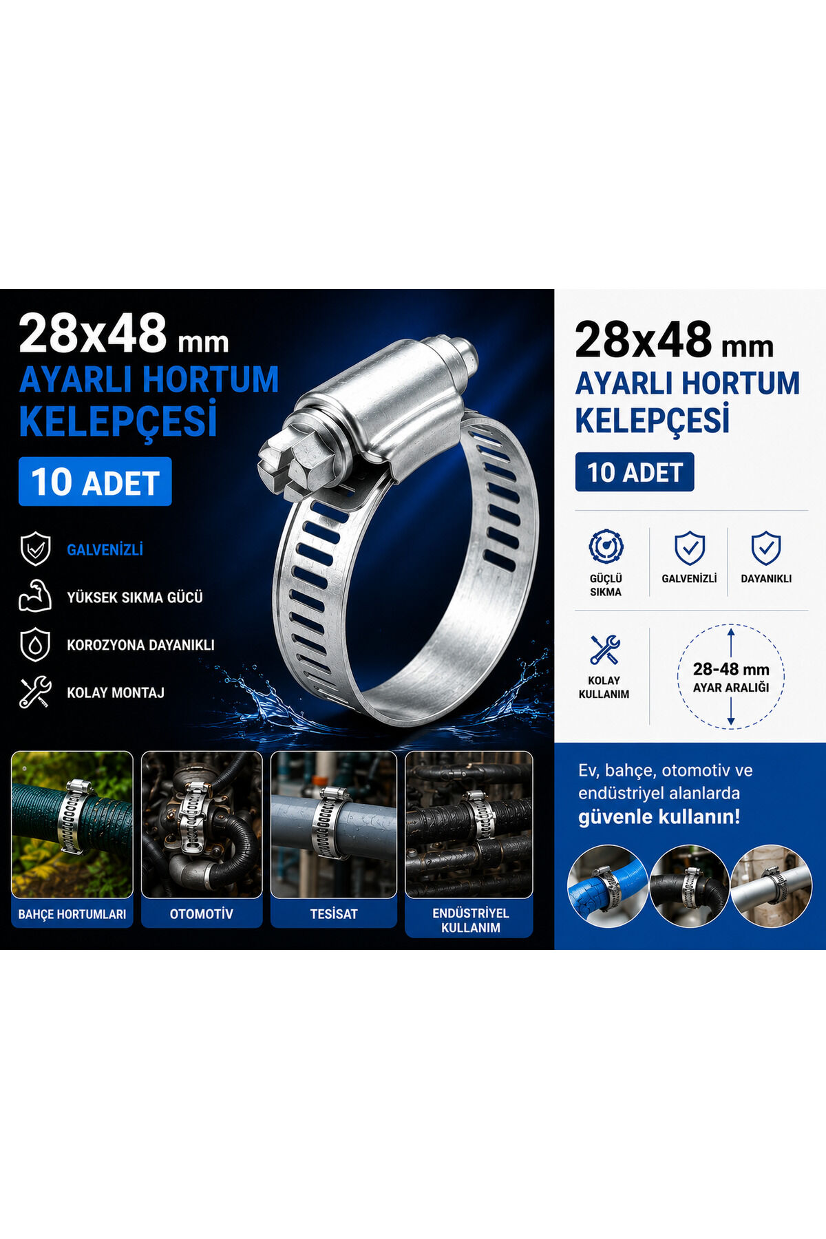 Ayarlı Hortum Kelepçesi Ayarlı 28x48 mm Galvenizli Boru Metal Kelepçe Ayarlanabilir Klips 10 ADET