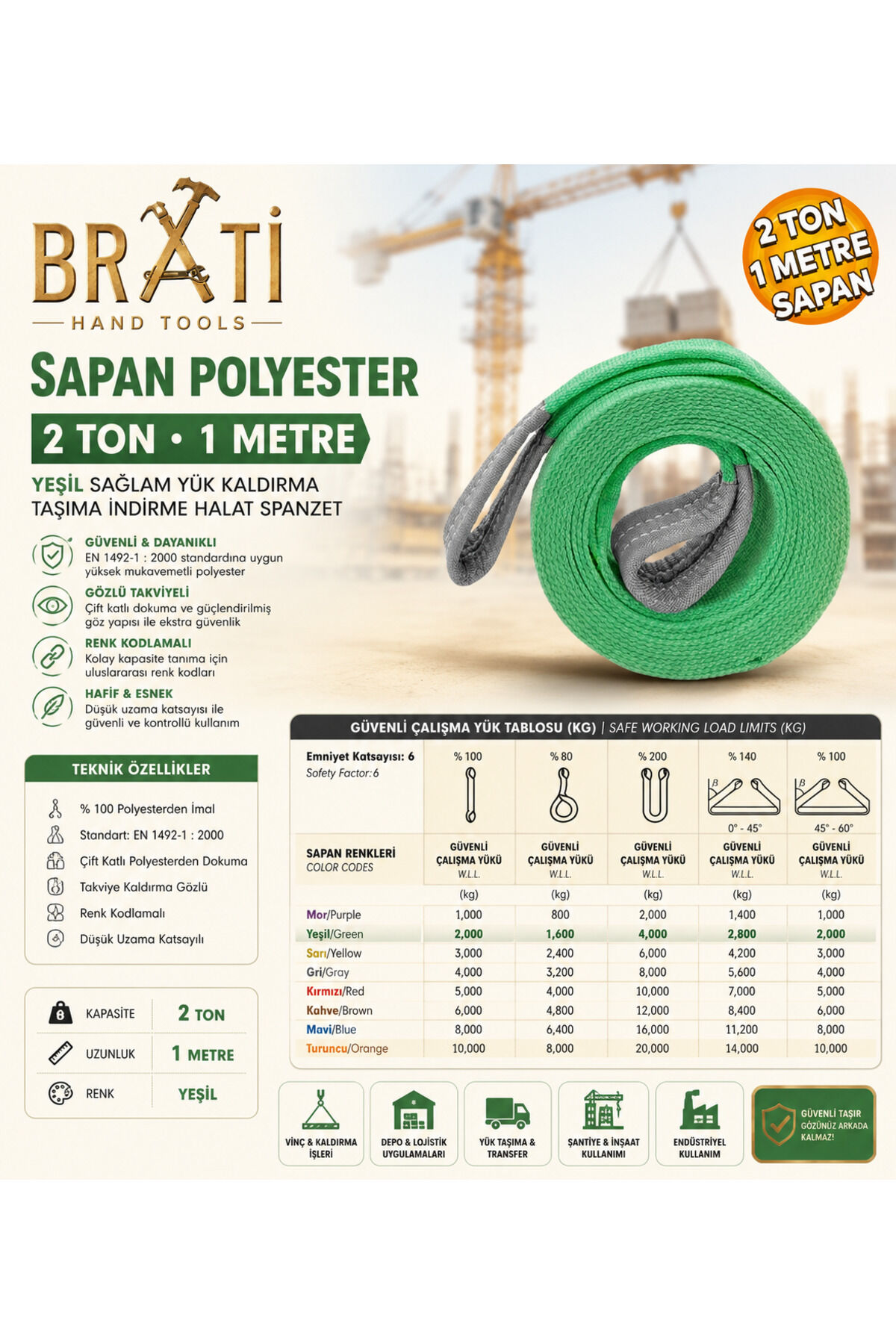 Sapan Polyester 2 Ton 1 Metre Yeşil Sağlam Yük Kaldırma Taşıma İndirme Halat Spanzet