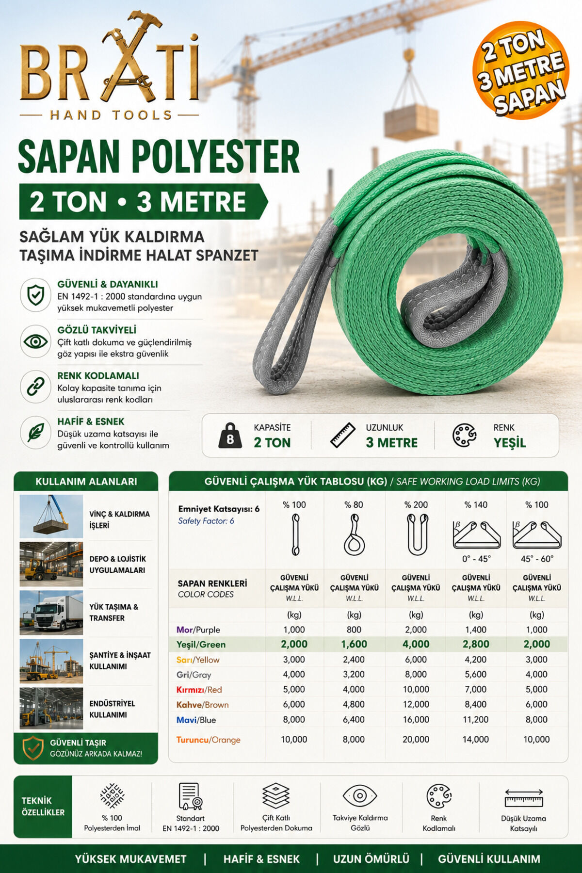 Sapan Polyester Spanzet 2 Ton 3 Metre Yeşil Renk Sağlam Yük Kaldırma İndirme Halat