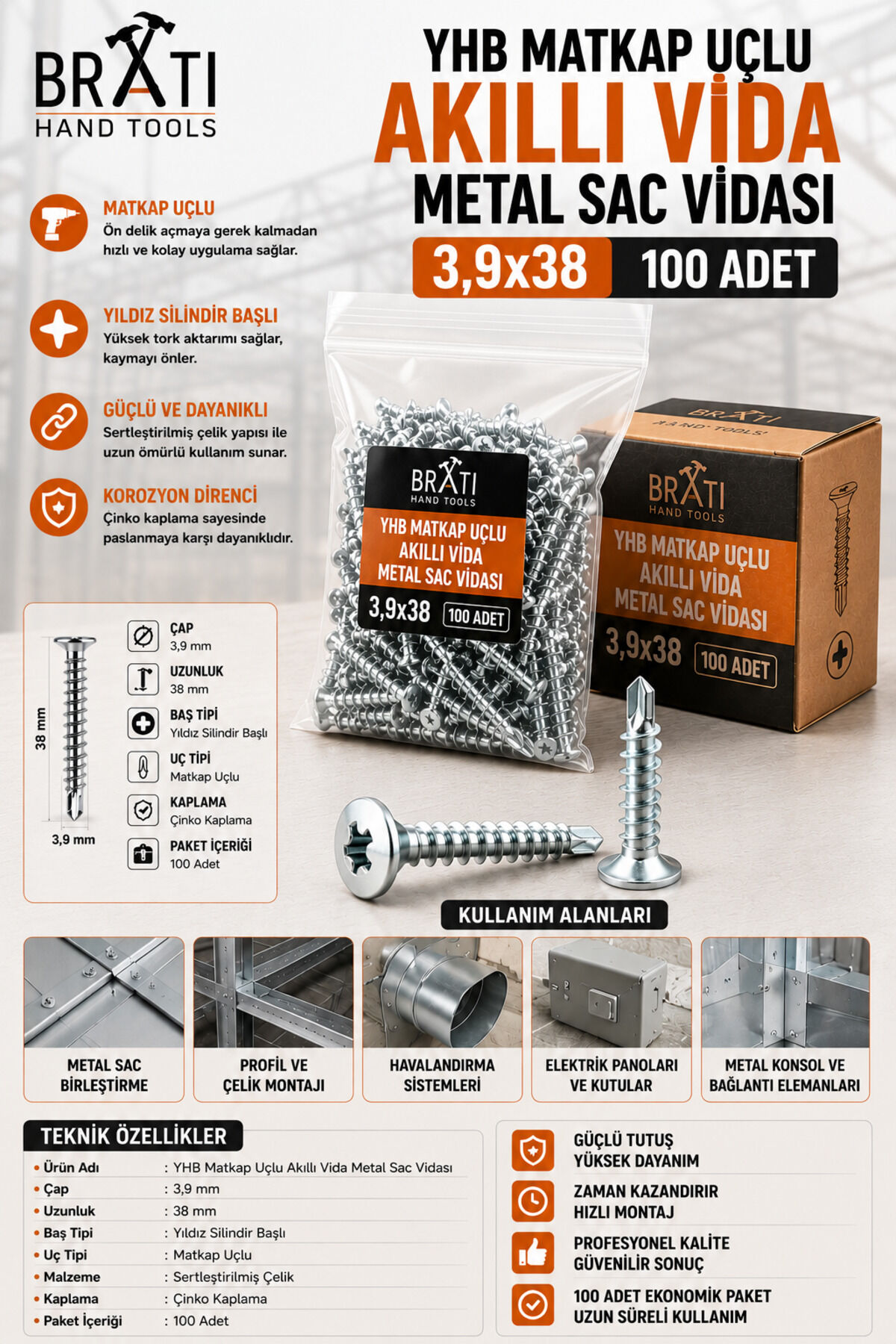 Yhb Matkap Uçlu Akıllı Vida Metal Sac Vidası 3,9X38 ( 100 Adet )3.9x38 Akıllı Yhb Vida