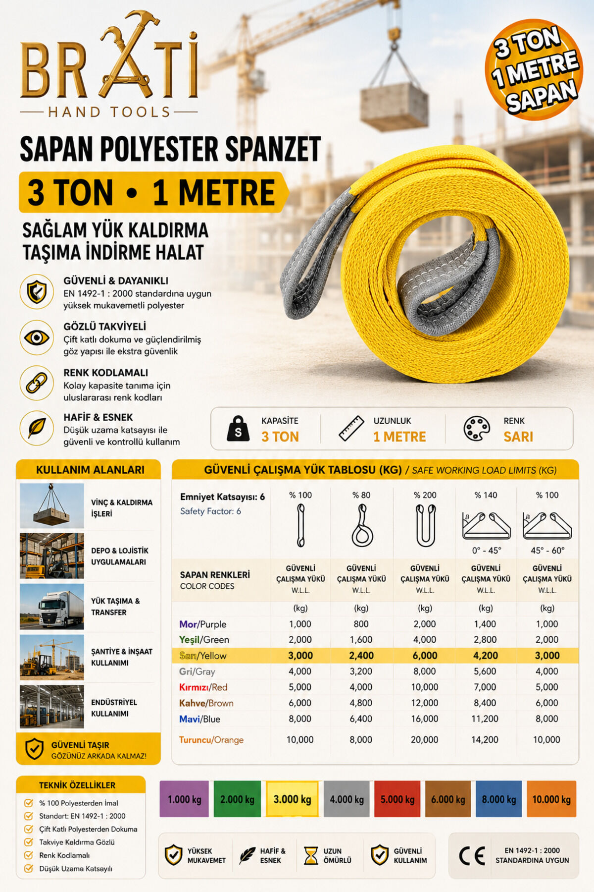 Sapan Polyester Spanzet 3 Ton 1 Metre Sarı Sağlam Yük Kaldırma Taşıma İndirme Halat