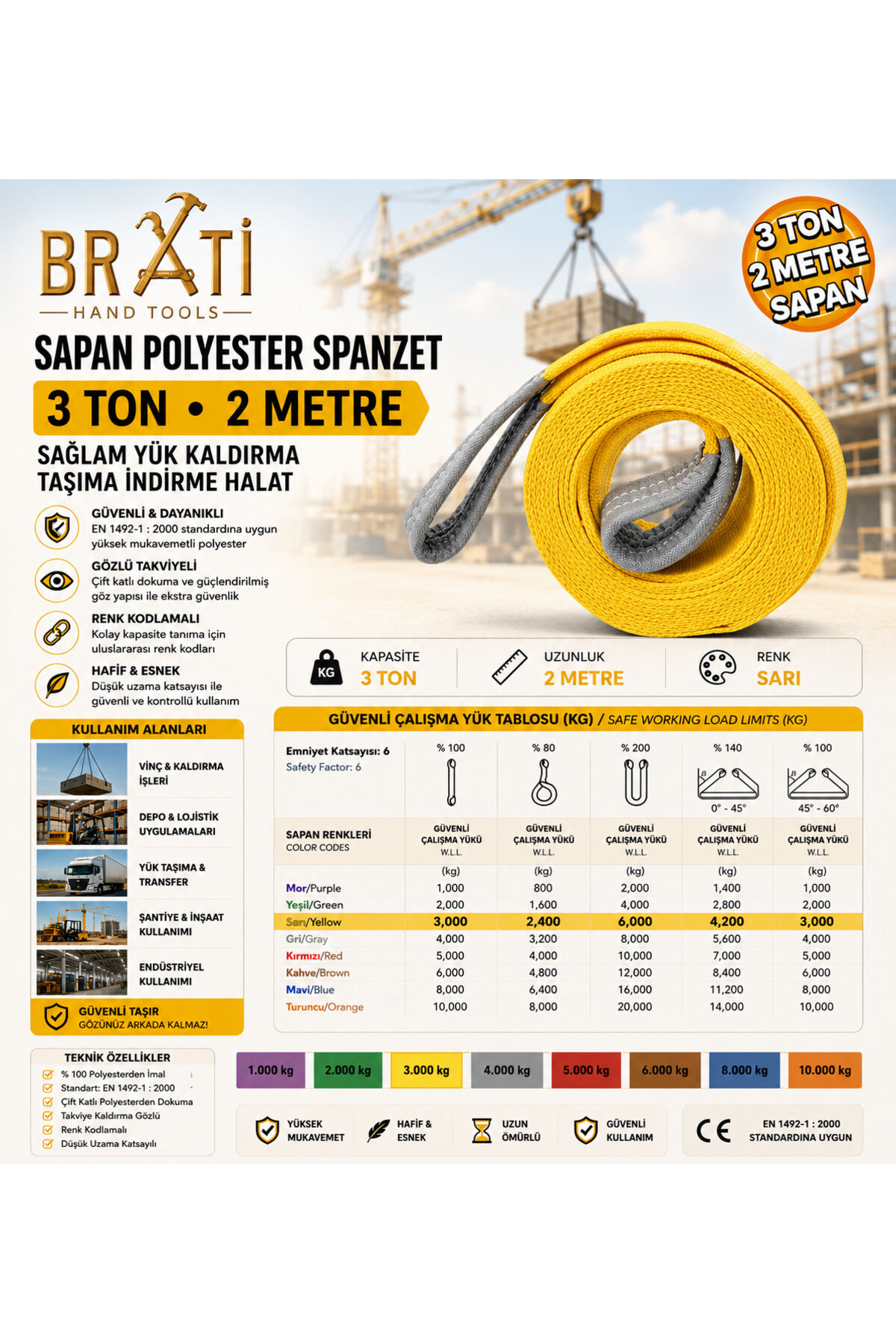 Polyester Sapan 3 Ton 2 Metre Sarı Sağlam Yük Kaldırma Taşıma İndirme Halat Spanzet