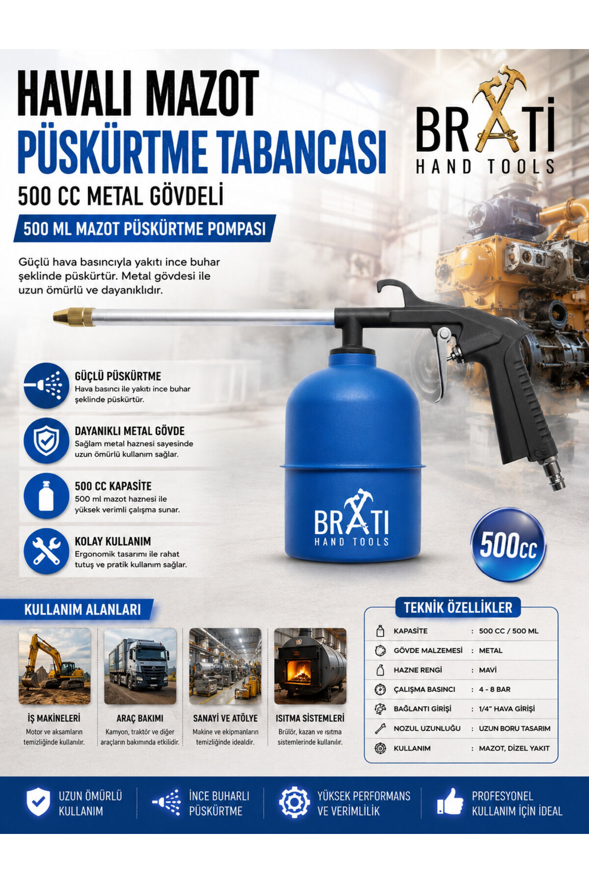 Havalı Mazot Püskürtme Tabancası 500 cc Metal Gövdeli 500 ml Mazot Püskürtme Pompası Mavi Renk