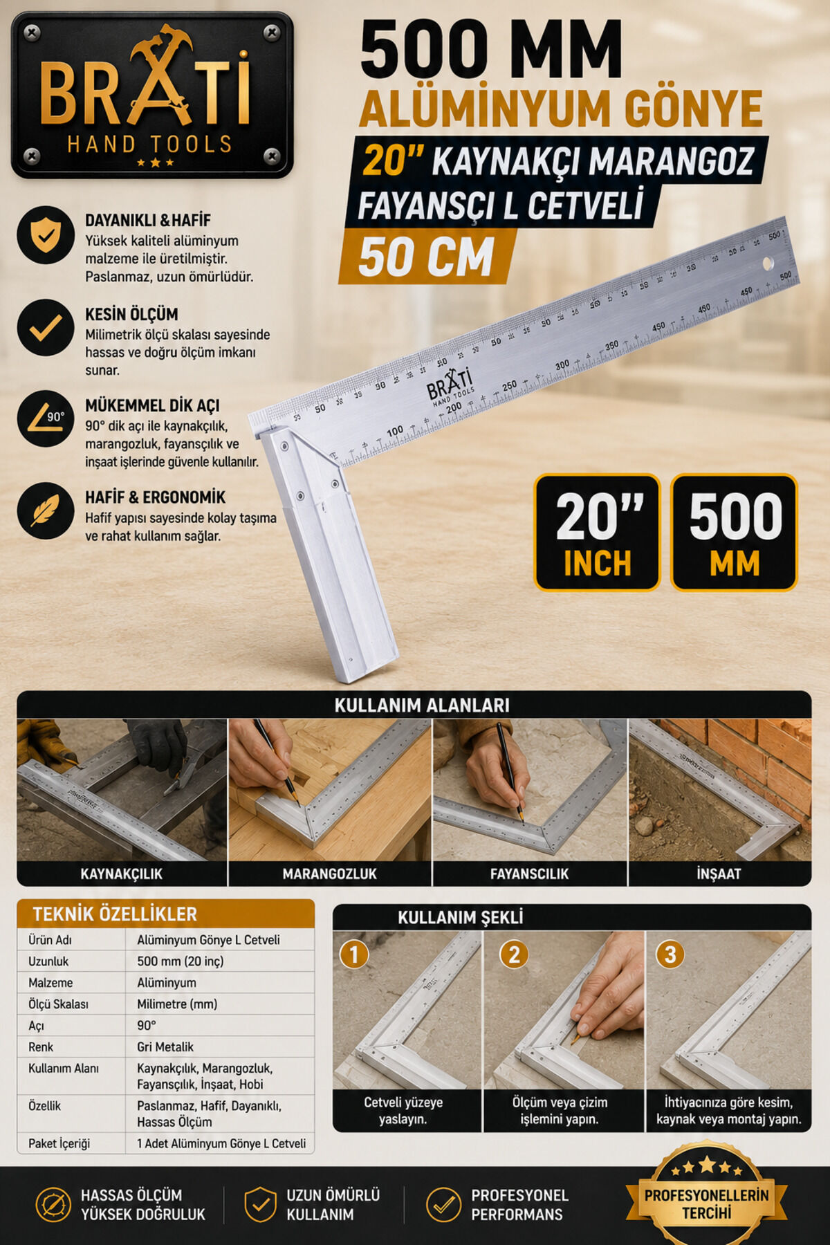 500 Mm Alüminyum Gönye 20'' Kaynakçı Marangoz Fayansçı L Cetveli 50 Cm