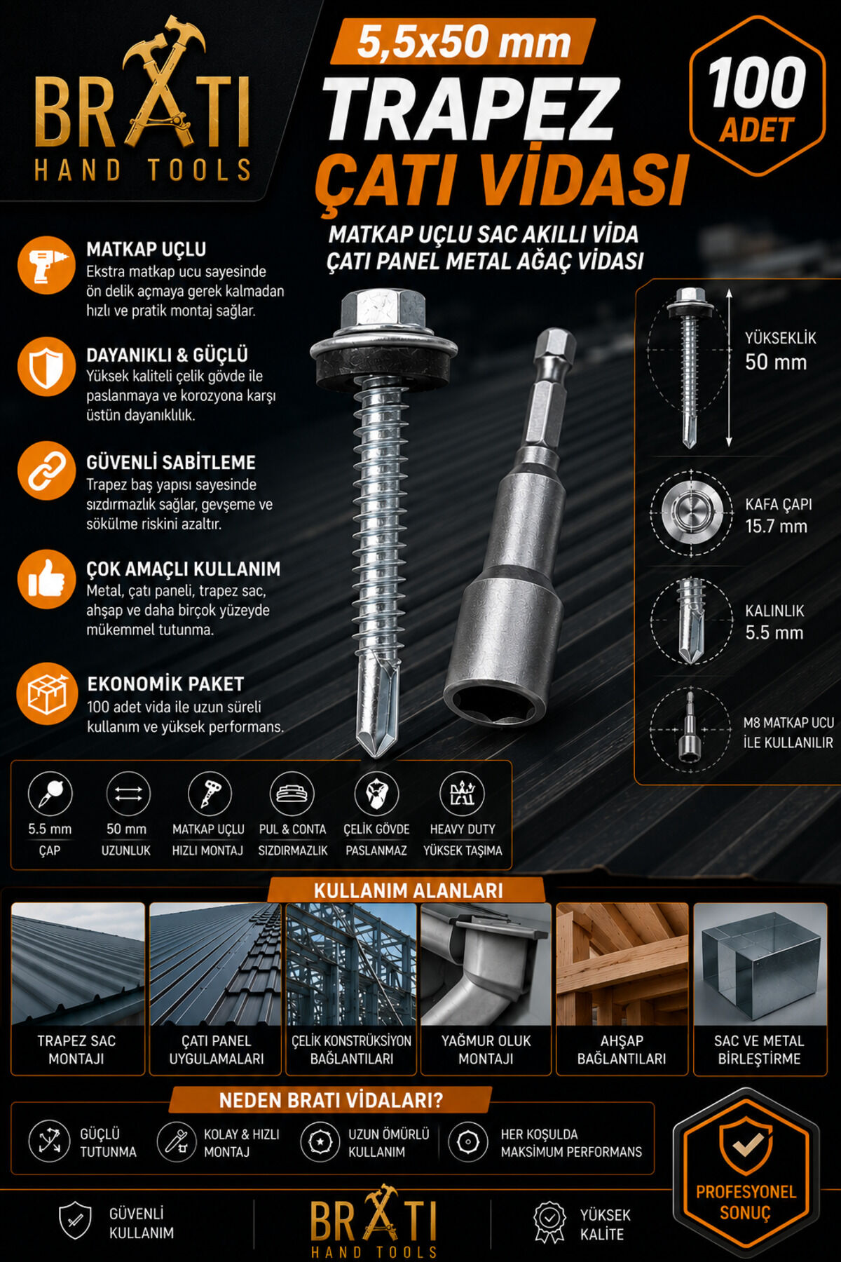 5,5X50 Çatı Vidası Trapez Sac Vidası Çatı Panel Metal Vida 100 Adet Trapez Çatı Vidası M8 Adaptörlü