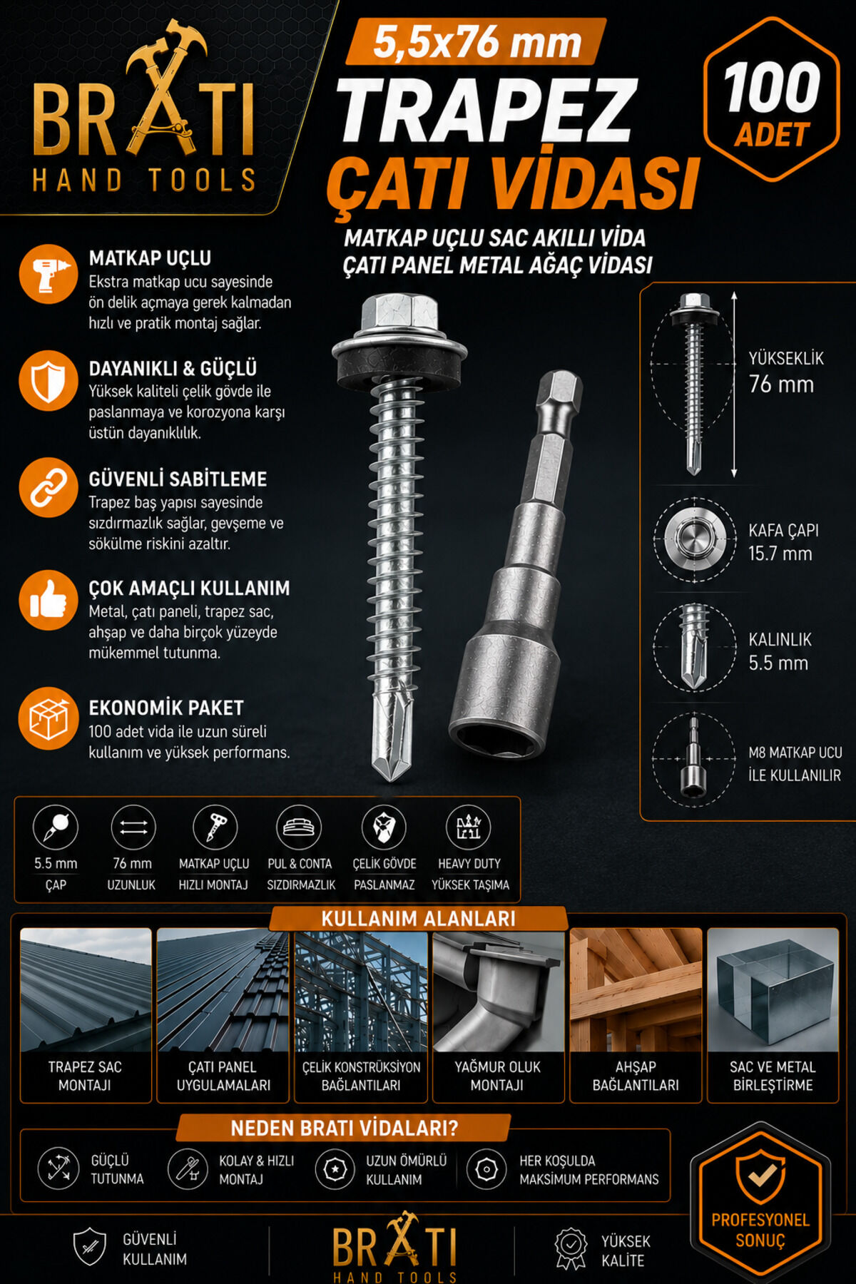 5,5X76 Çatı Vidası Panel Vidası Trapez Sac Vidası Matkap Uçlu Sac Çatı Panel Metal Vida 100 Adet M8 Adaptörlü