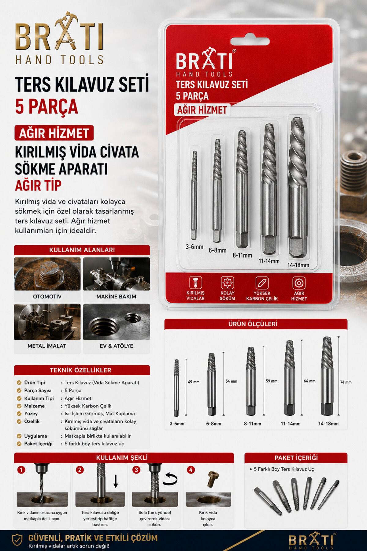 Ters Kılavuz Seti 5 Parça Ağır Hizmet Kırılmış Vida Cıvata Sökme Aparatı Ağır Tip